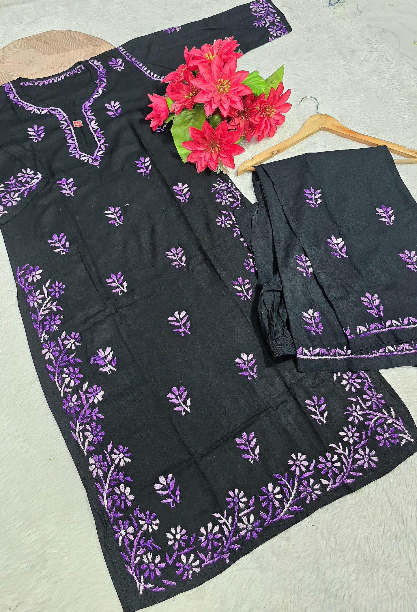 Black Rayon Cotton Lucknowi Chikankari Kurta Palazzo Set with Floral Shaded Thread Embroidery