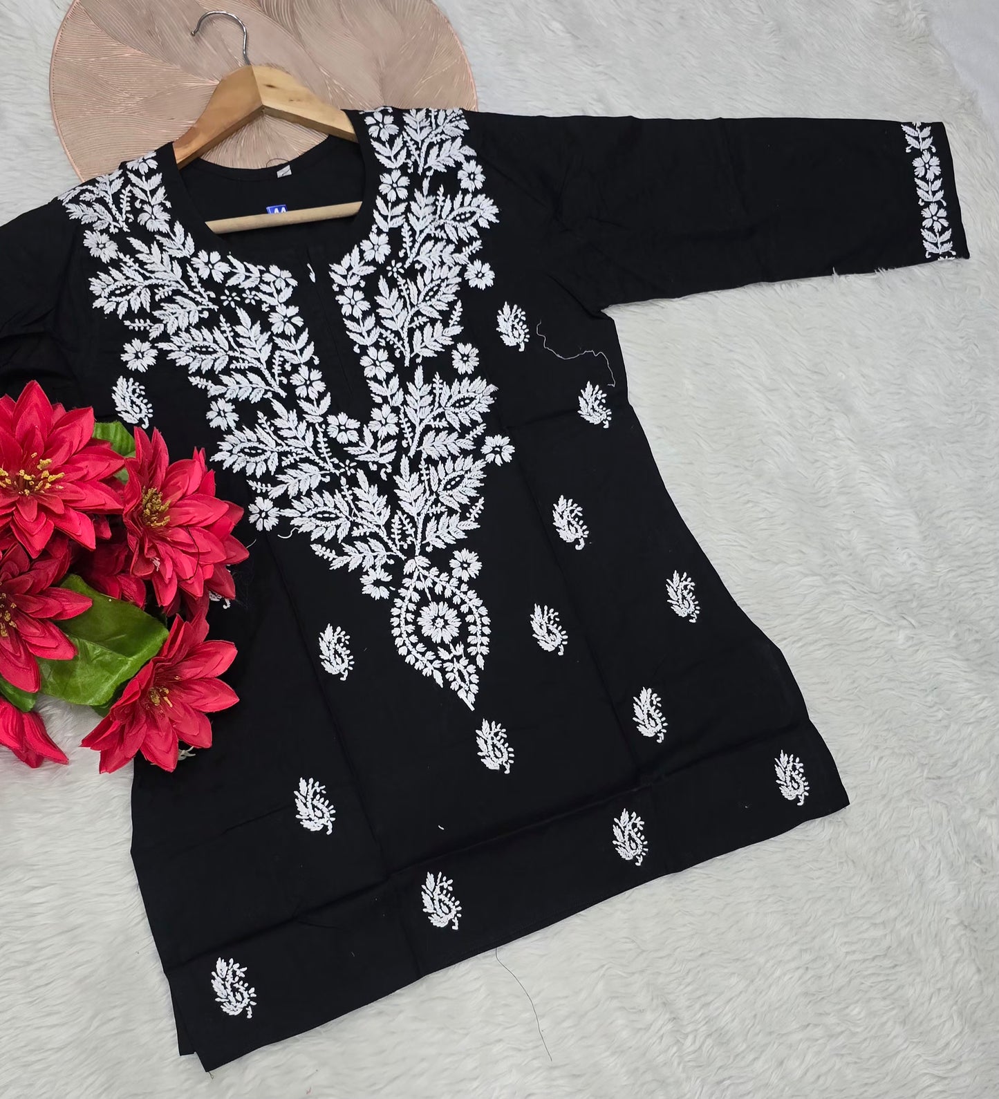 Black Short Chikankari Kurti with Ethnic Floral Motifs & 3/4 Sleeves
