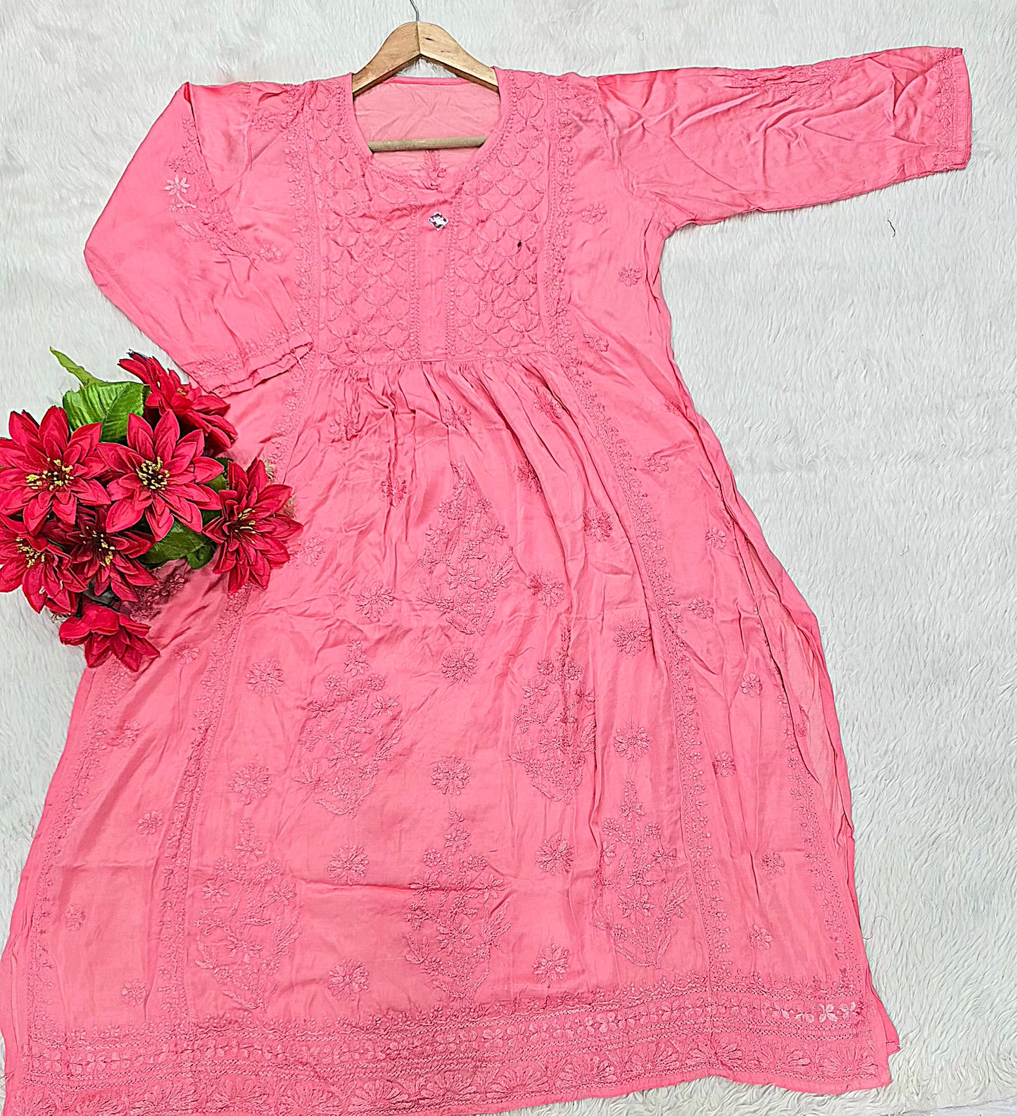 Pink Handcrafted Chikankari Nyra Gown Kurti for Women | Lucknowi Embroidered Flared Kurta