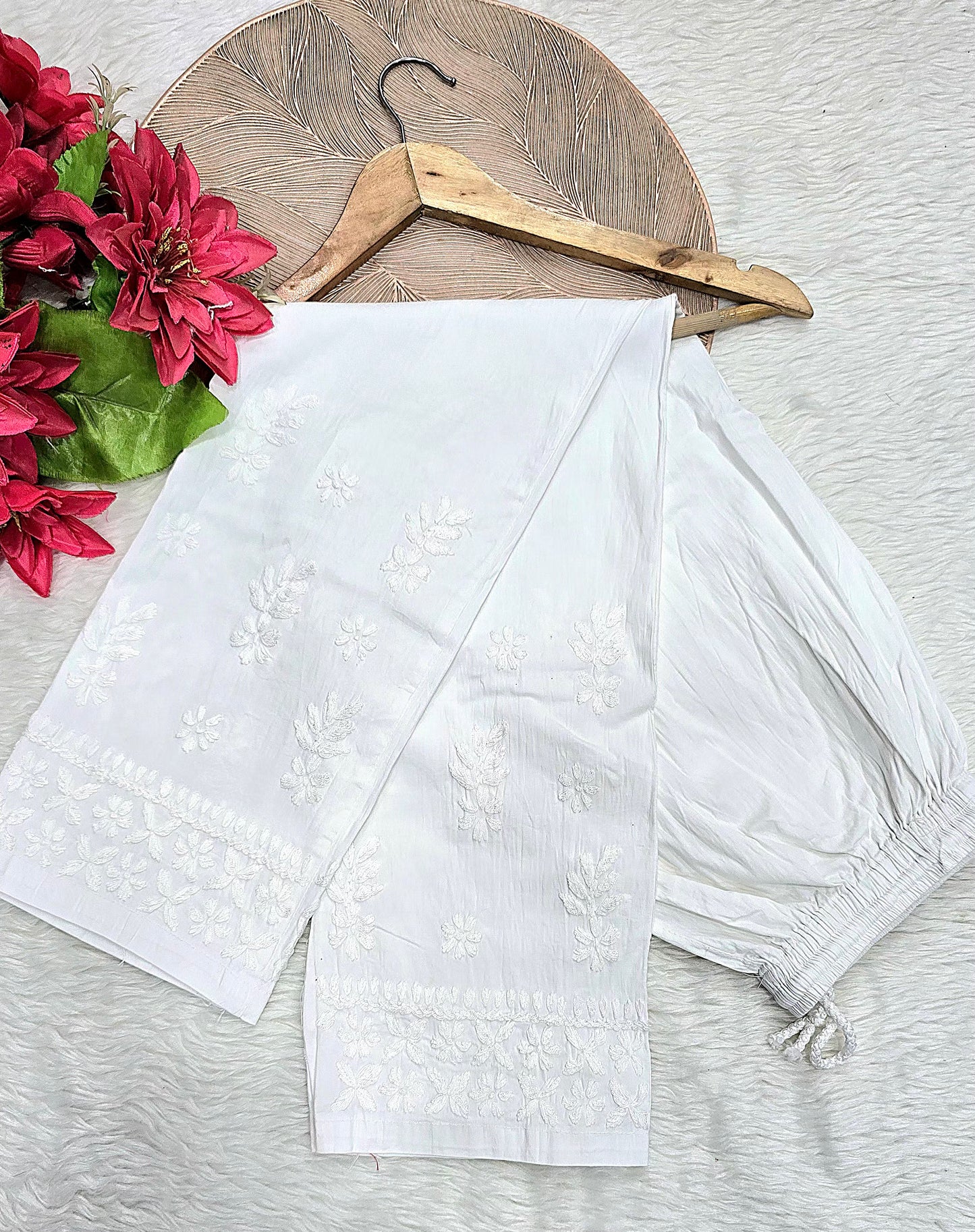 Lucknowi Chikankari Handwork Free Size Lycra Stretchable Pant | Elegant White Chikan Embroidered Bottom