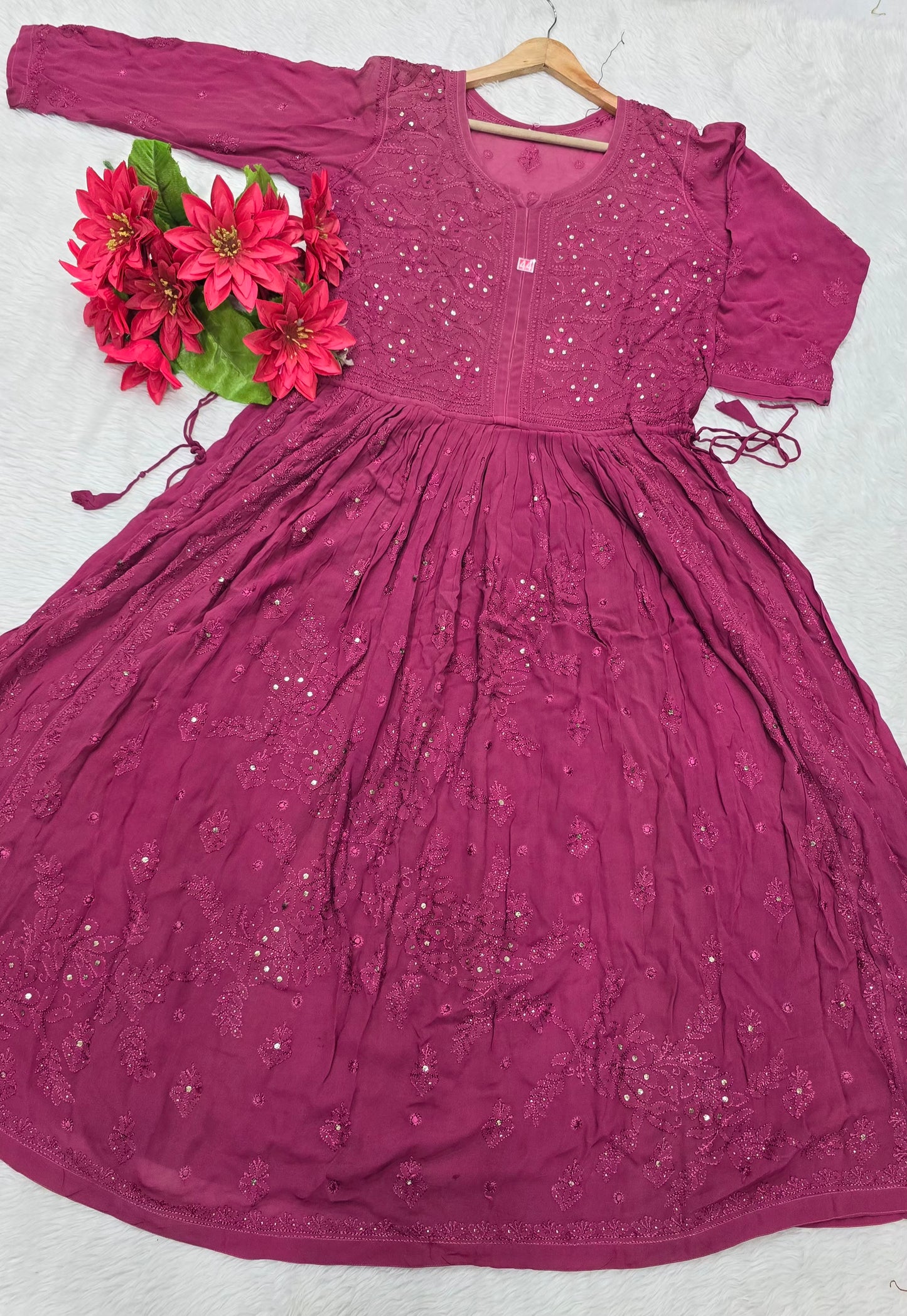 Handcrafted Mukesh Work Chikankari Viscose Nyra Gown for Women | Elegant Lucknowi Embroidered Flared Dress