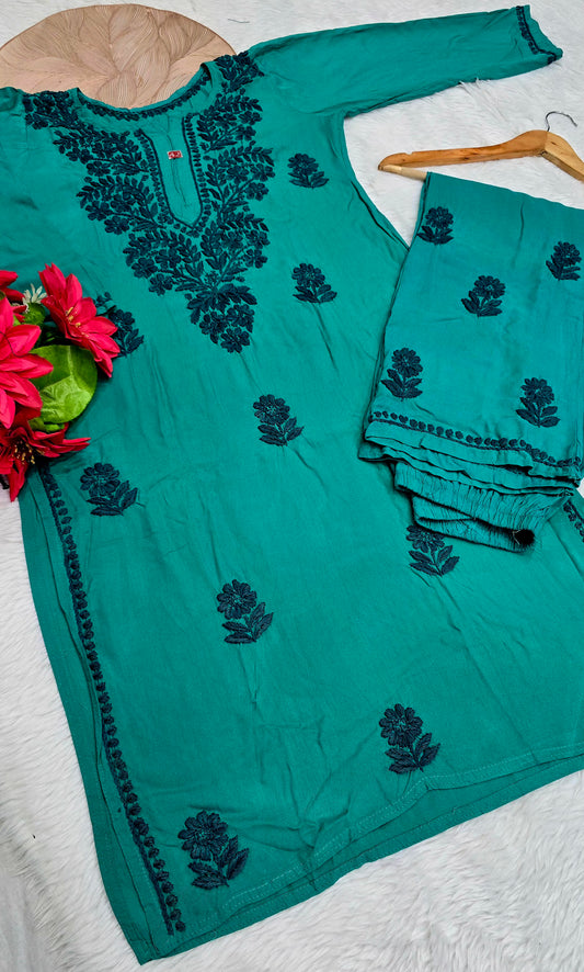 Aashi Chikan Emerald Heritage Kurti Plazo Set