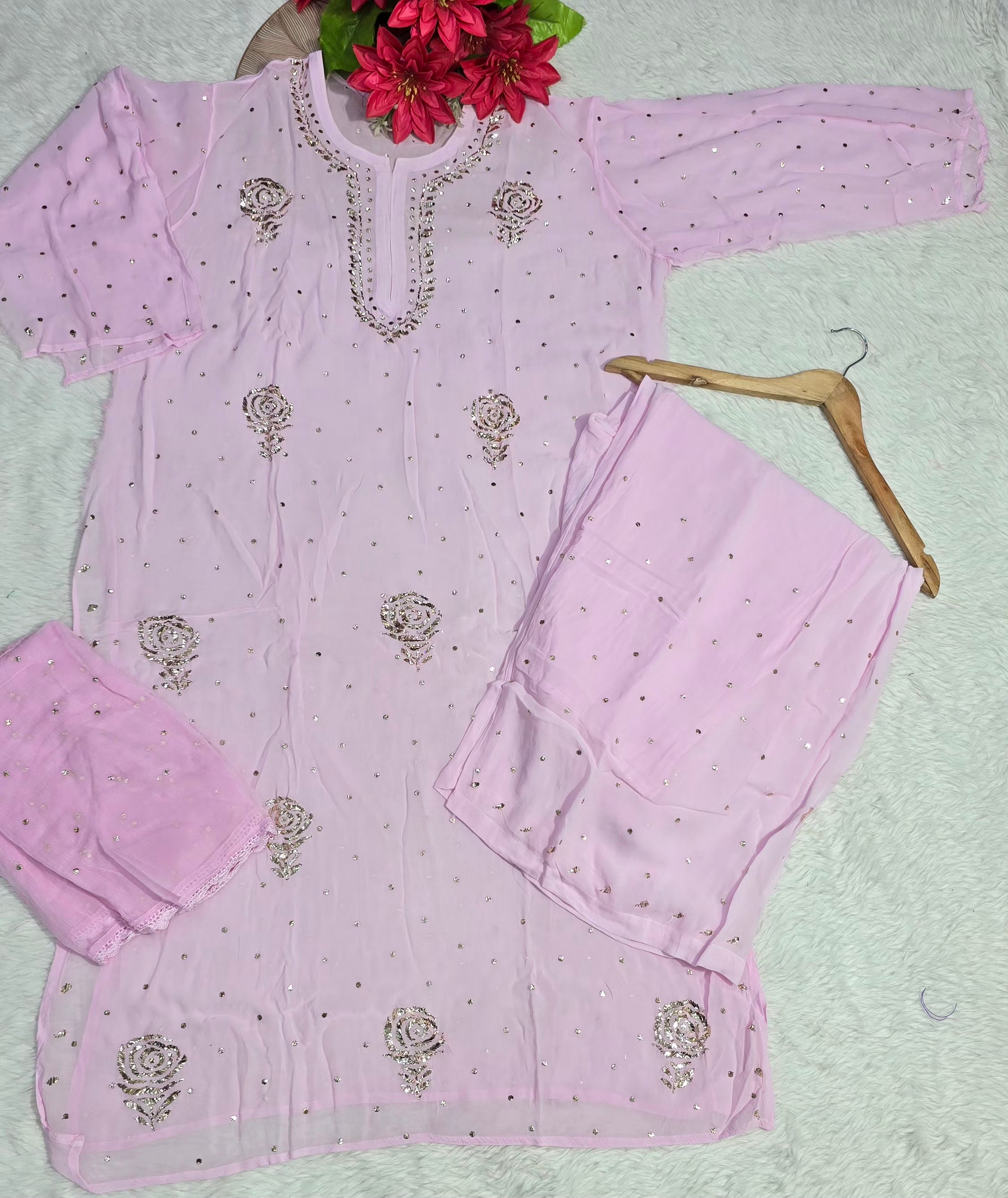 Premium Pure Chiffon Lucknowi Chikankari Kurti Palazzo Dupatta Set with Heavy Mukesh Handwork & Sequins | 3-Piece Ethnic Suit Set for Women