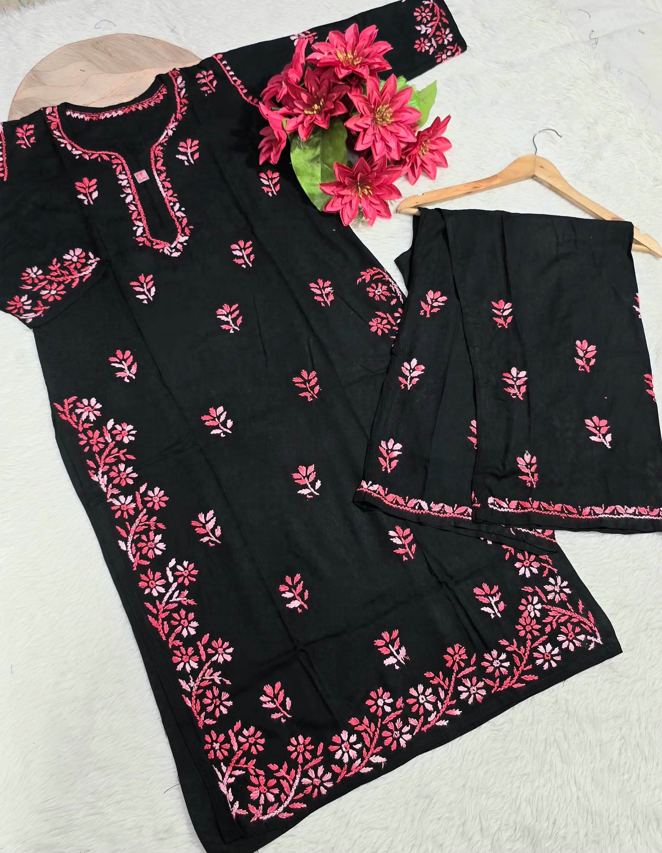 Black Rayon Cotton Lucknowi Chikankari Kurta Palazzo Set with Floral Shaded Thread Embroidery