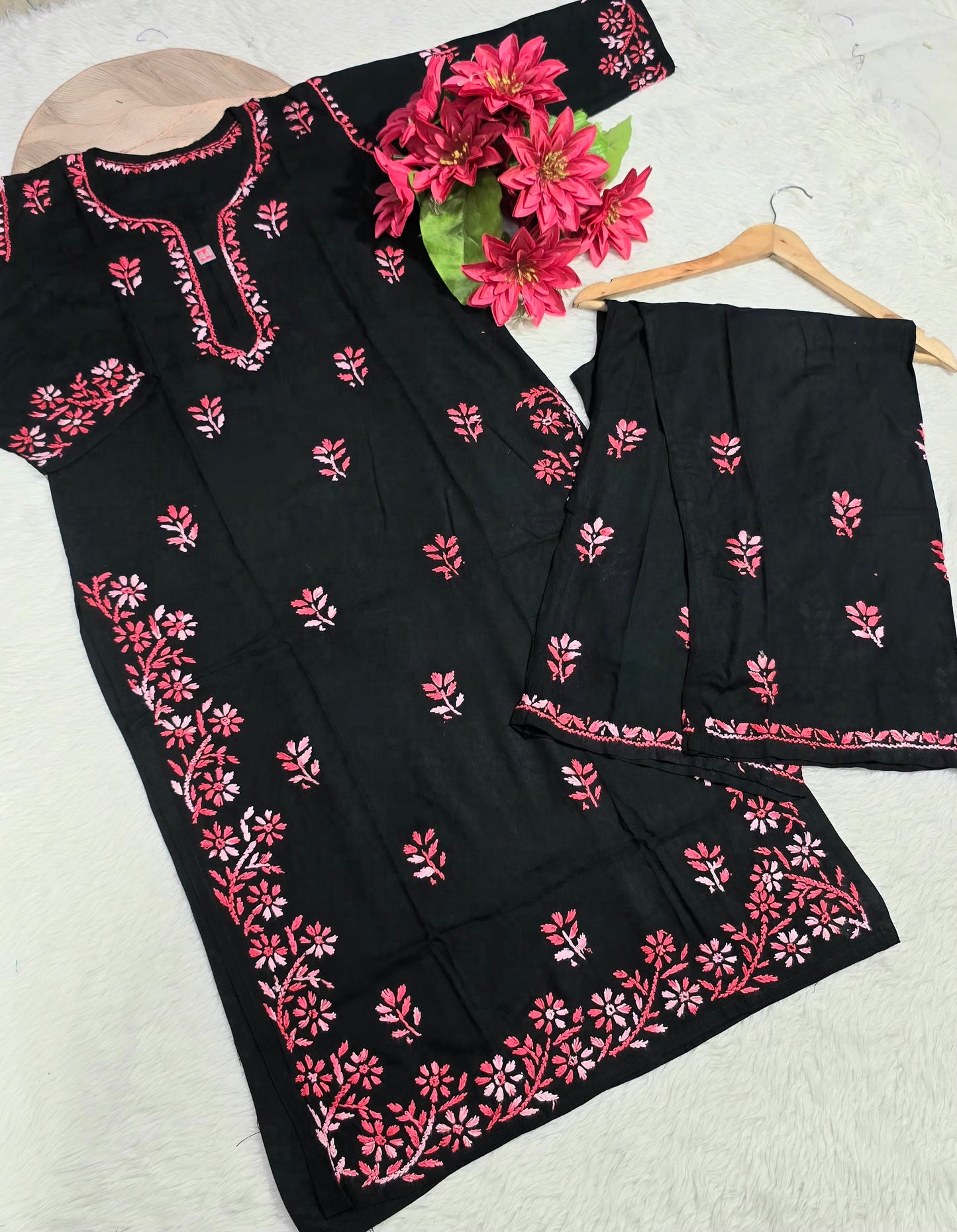 Black Rayon Cotton Lucknowi Chikankari Kurta Palazzo Set with Floral Shaded Thread Embroidery