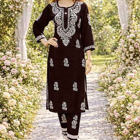 Stylish Rayon Afghani Kurti Plazo Set with Chikankari Hand Embroidery