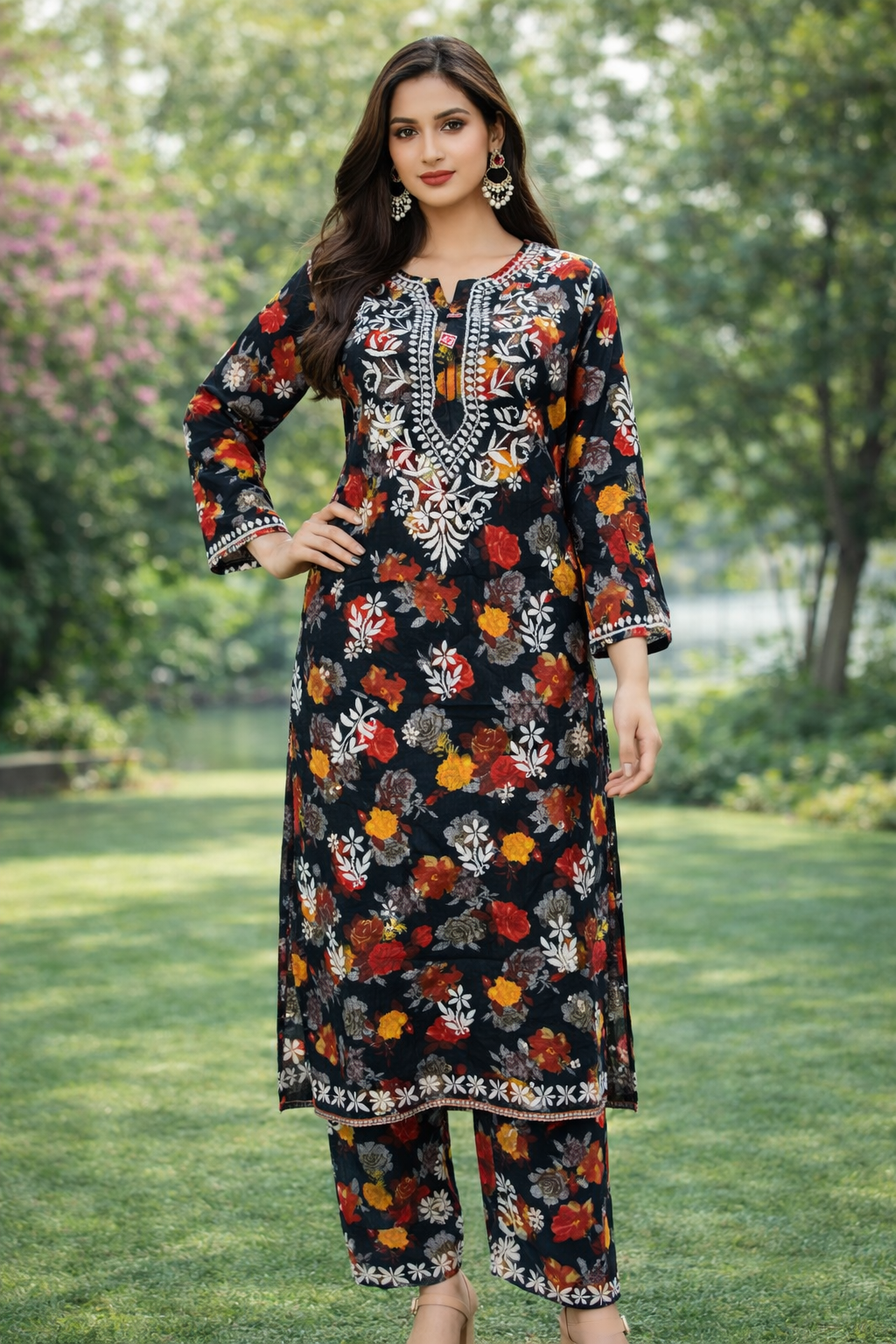 Chikankari Handwork Rayon Printed Kurti Palazzo Set for Women – Elegant Ethnic Wear