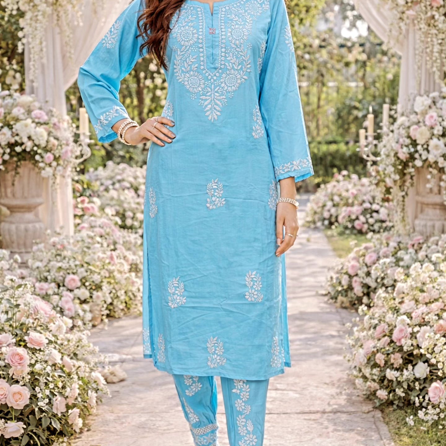 Stylish Rayon Afghani Kurti Plazo Set with Chikankari Hand Embroidery
