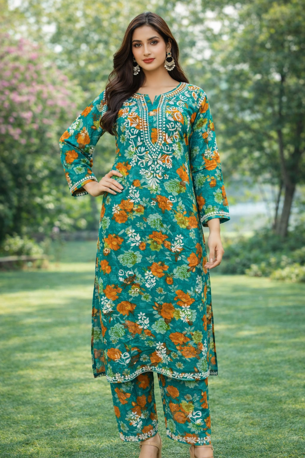 Chikankari Handwork Rayon Printed Kurti Palazzo Set for Women – Elegant Ethnic Wear