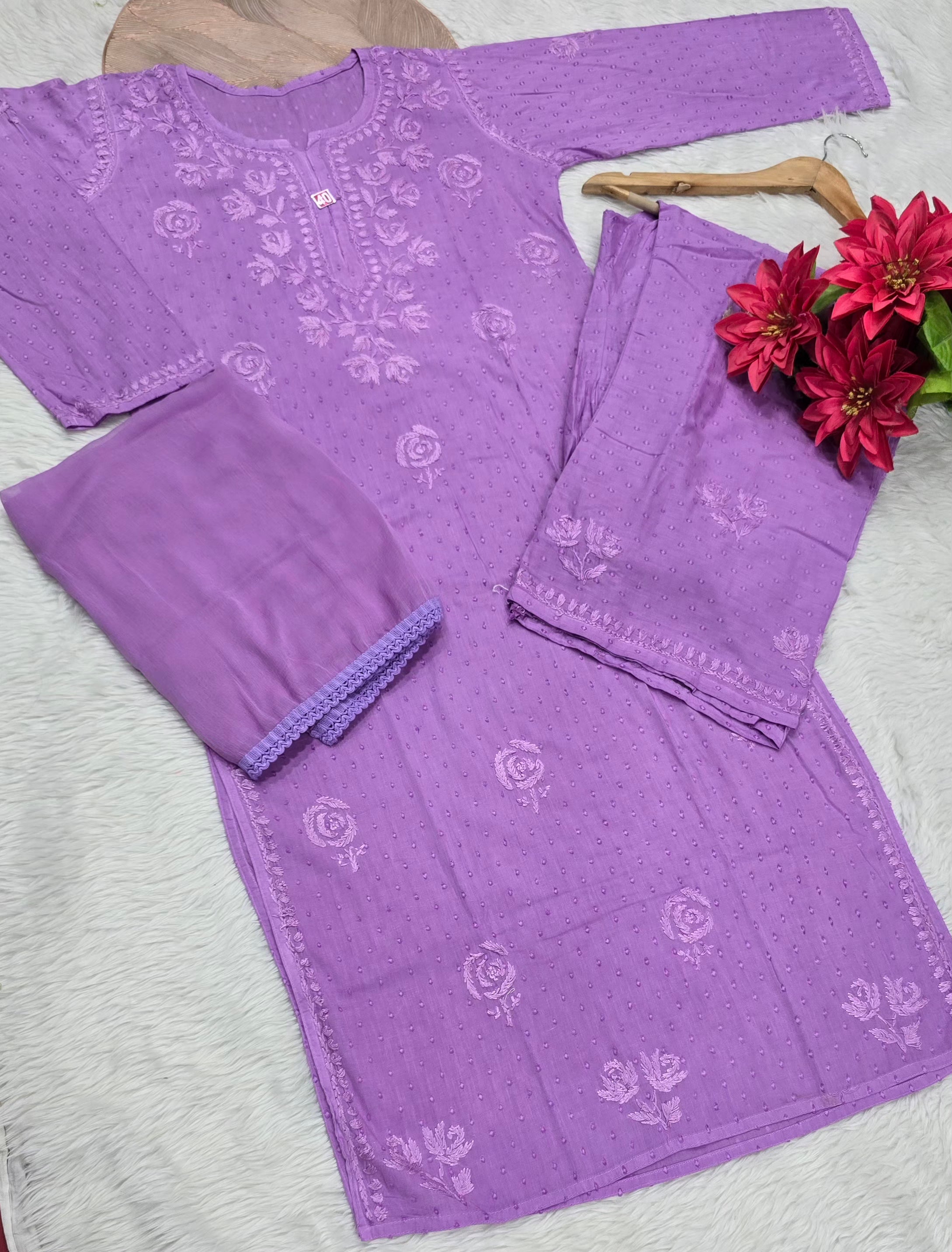 Premium Dobby Cotton Chikankari Embroidered Kurti Palazzo Set with Dupatta | Soft & Comfortable | Lucknowi Chikan Work