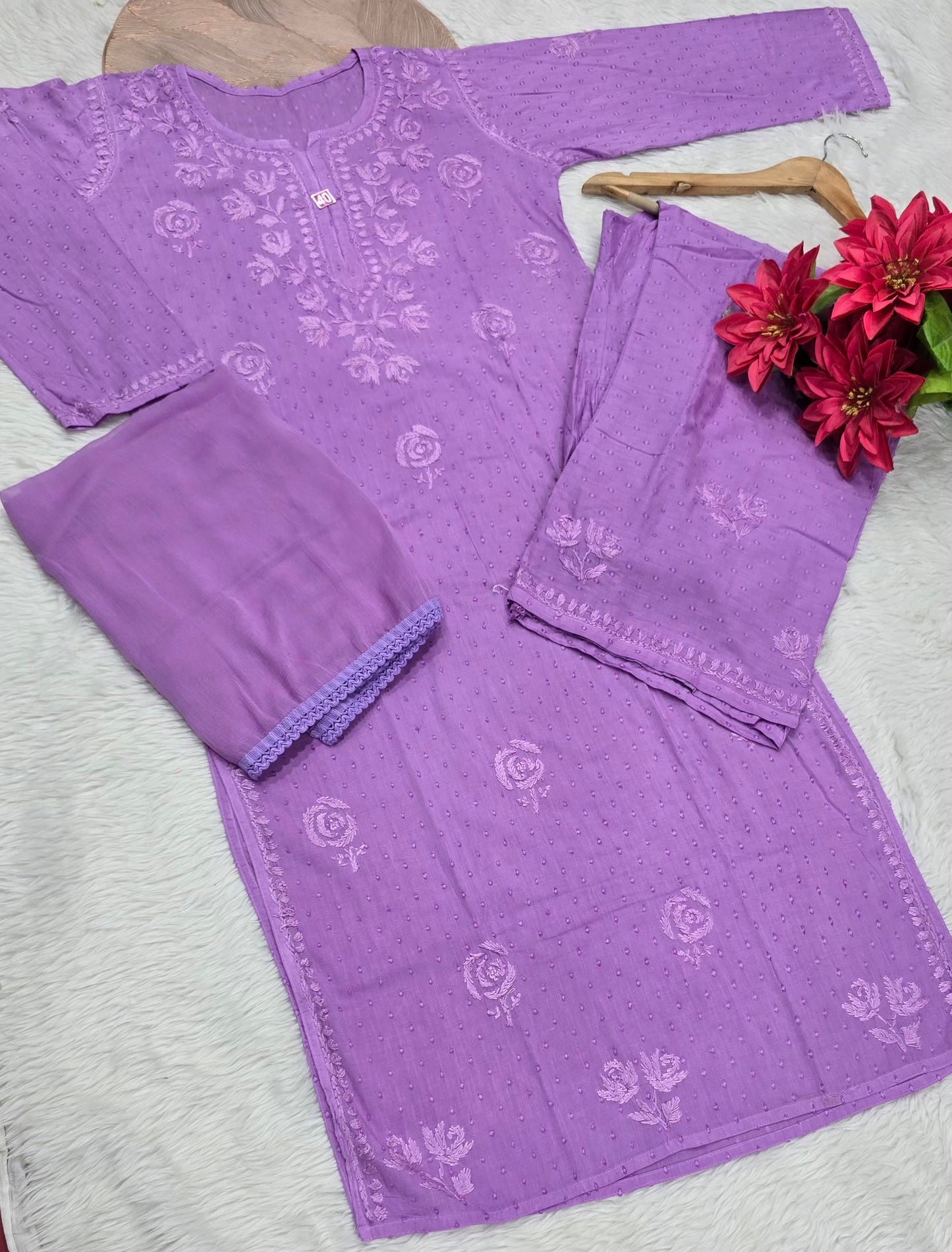 Premium Dobby Cotton Chikankari Embroidered Kurti Palazzo Set with Dupatta | Soft & Comfortable | Lucknowi Chikan Work