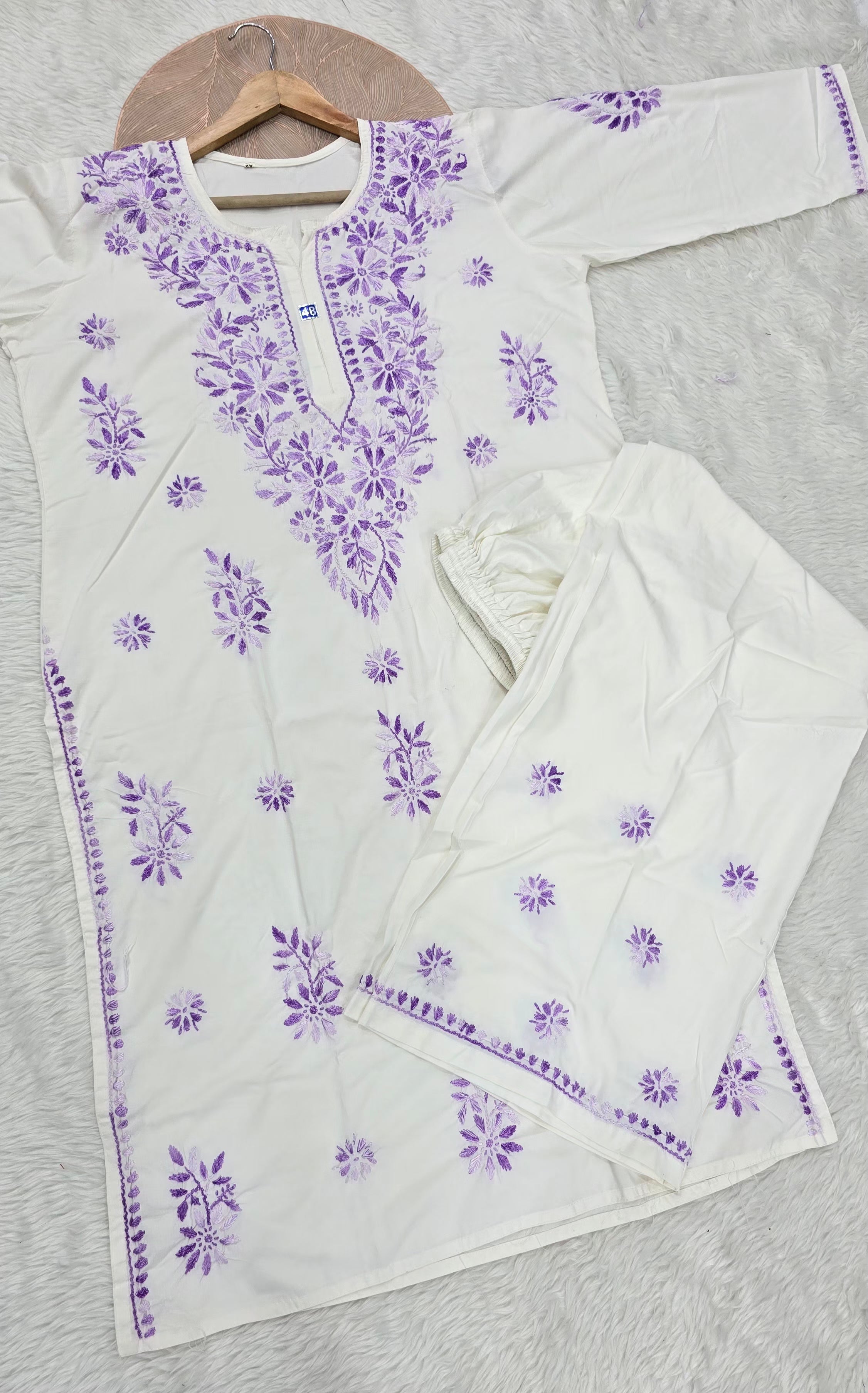 Women's White & Lavender Lucknowi Chikankari Kurta Palazzo Set | Handcrafted Embroidery | Aashi Chikan