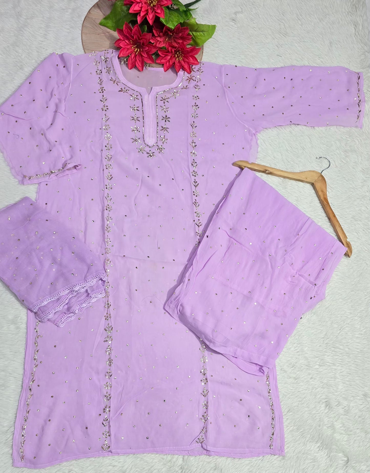 Premium Pure Chiffon Lucknowi Chikankari Kurti Palazzo Dupatta Set with Heavy Mukesh Handwork & Sequins | 3-Piece Ethnic Suit Set for Women