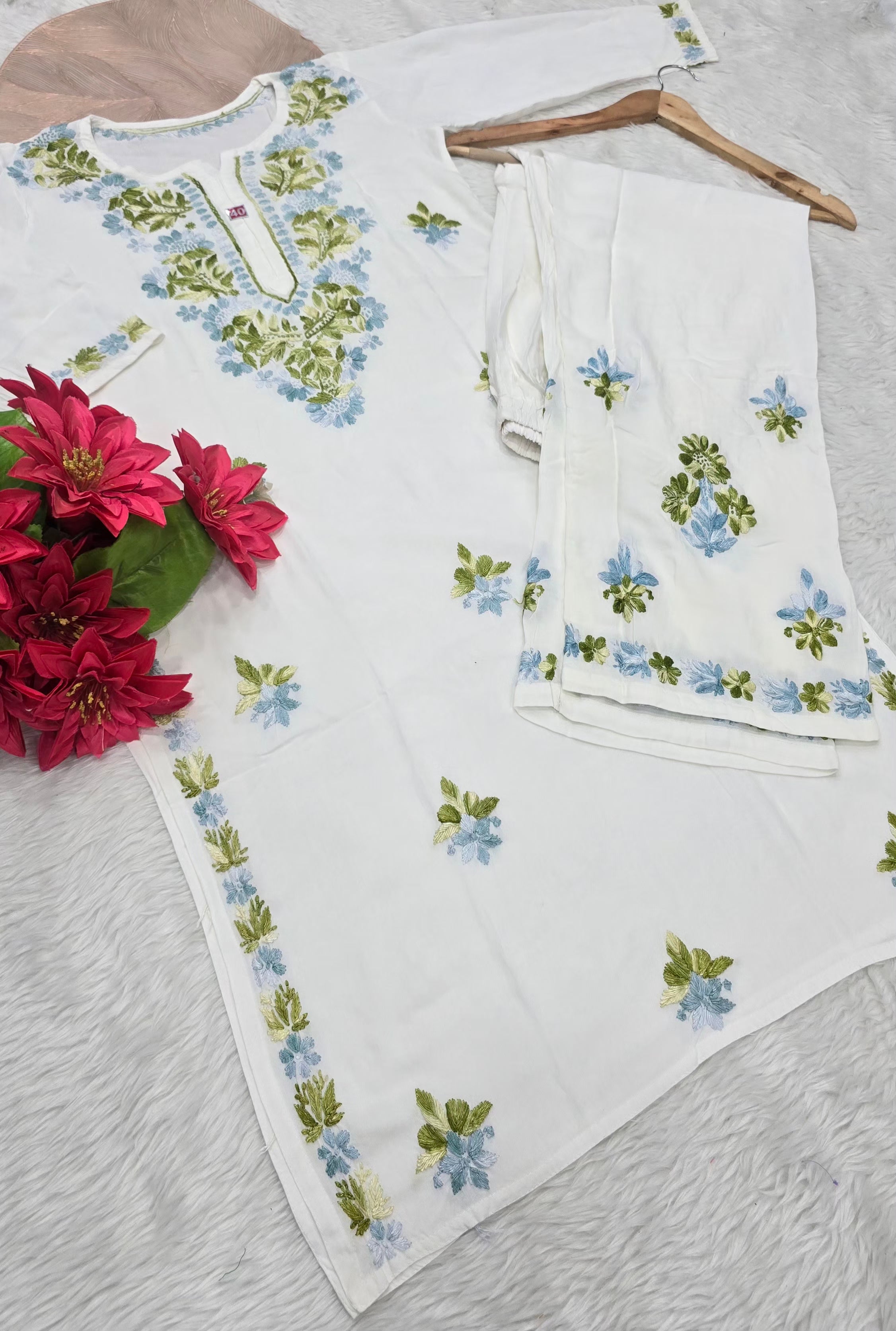 White Floral Hand Embroidered Chikankari Kurta Palazzo Set