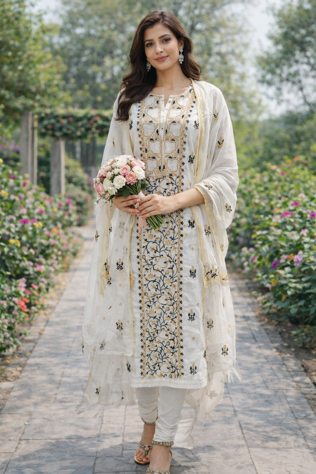 White Exclusive Mul Mul Chanderi Kurta Material with Dupatta, specifically featuring handcrafted Lucknowi Chikankari embroidery. (Dyeable Fabric)