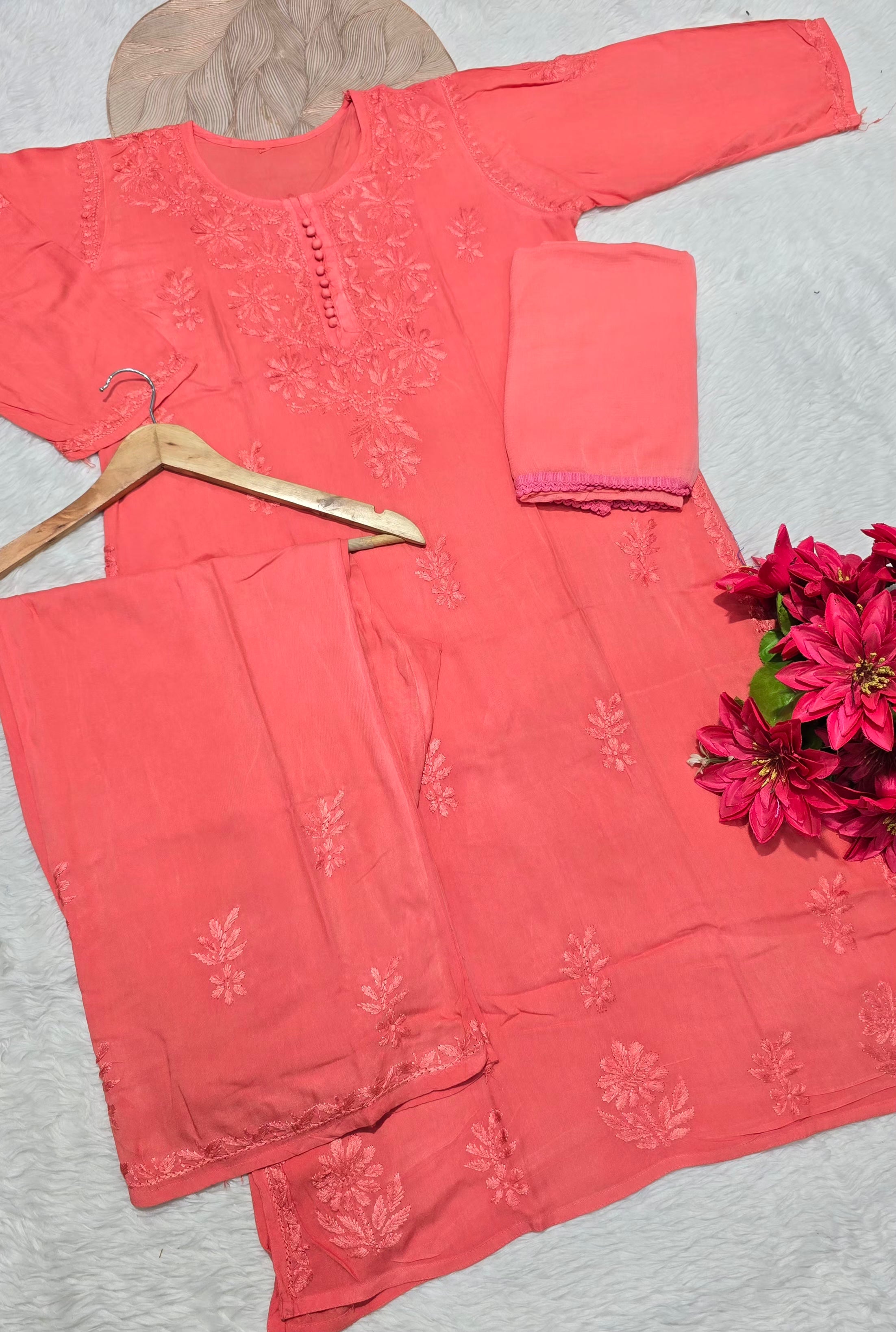 Rayon Chikankari Embroidered 3-Piece Kurta Plazo & Dupatta Set | Floral Handwork | Women's Ethnic Wear
