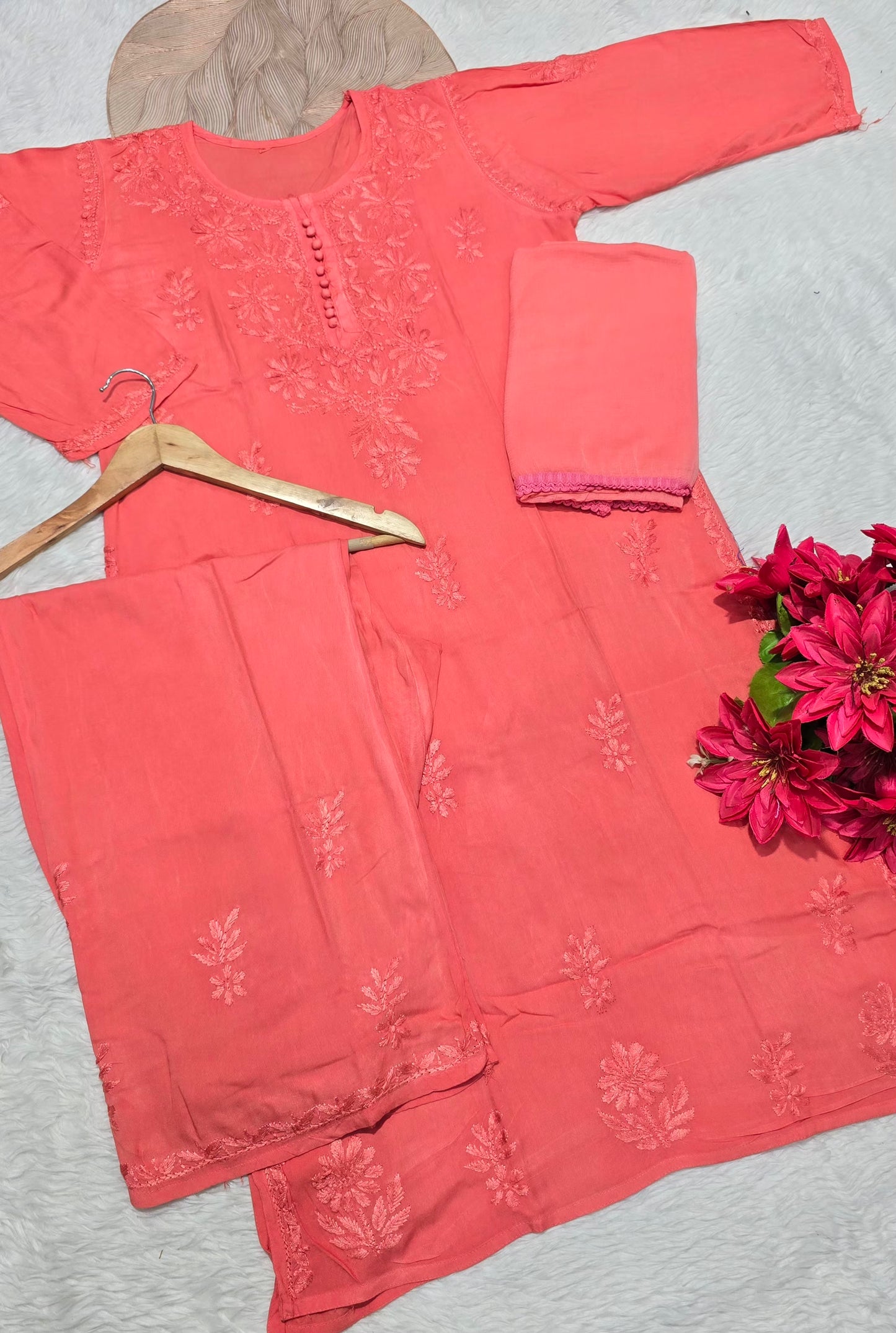 Rayon Chikankari Embroidered 3-Piece Kurta Plazo & Dupatta Set | Floral Handwork | Women's Ethnic Wear