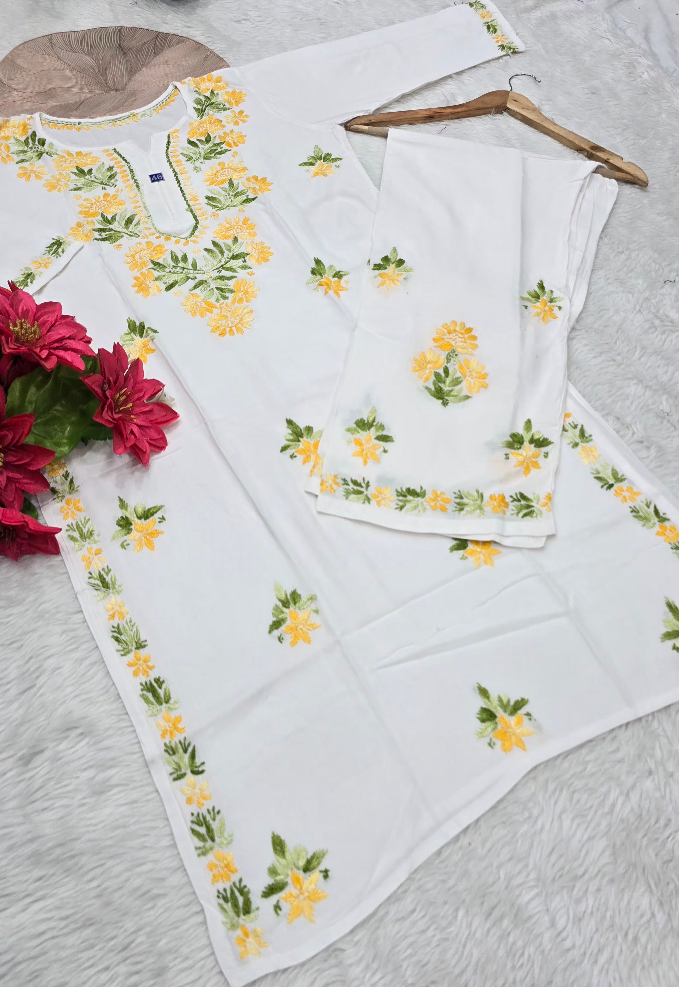 White Floral Hand Embroidered Chikankari Kurta Palazzo Set