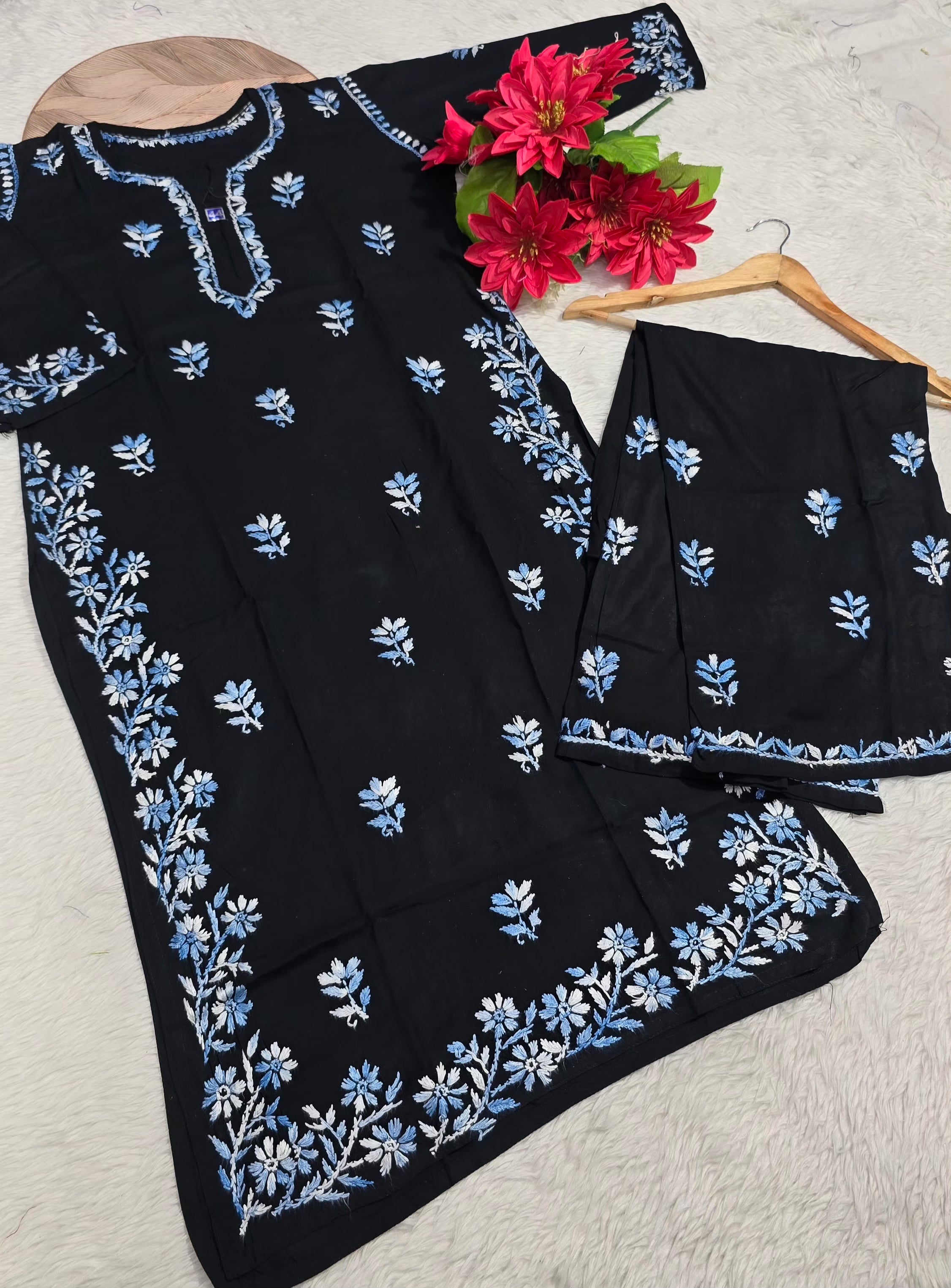 Black Rayon Cotton Lucknowi Chikankari Kurta Palazzo Set with Floral Shaded Thread Embroidery