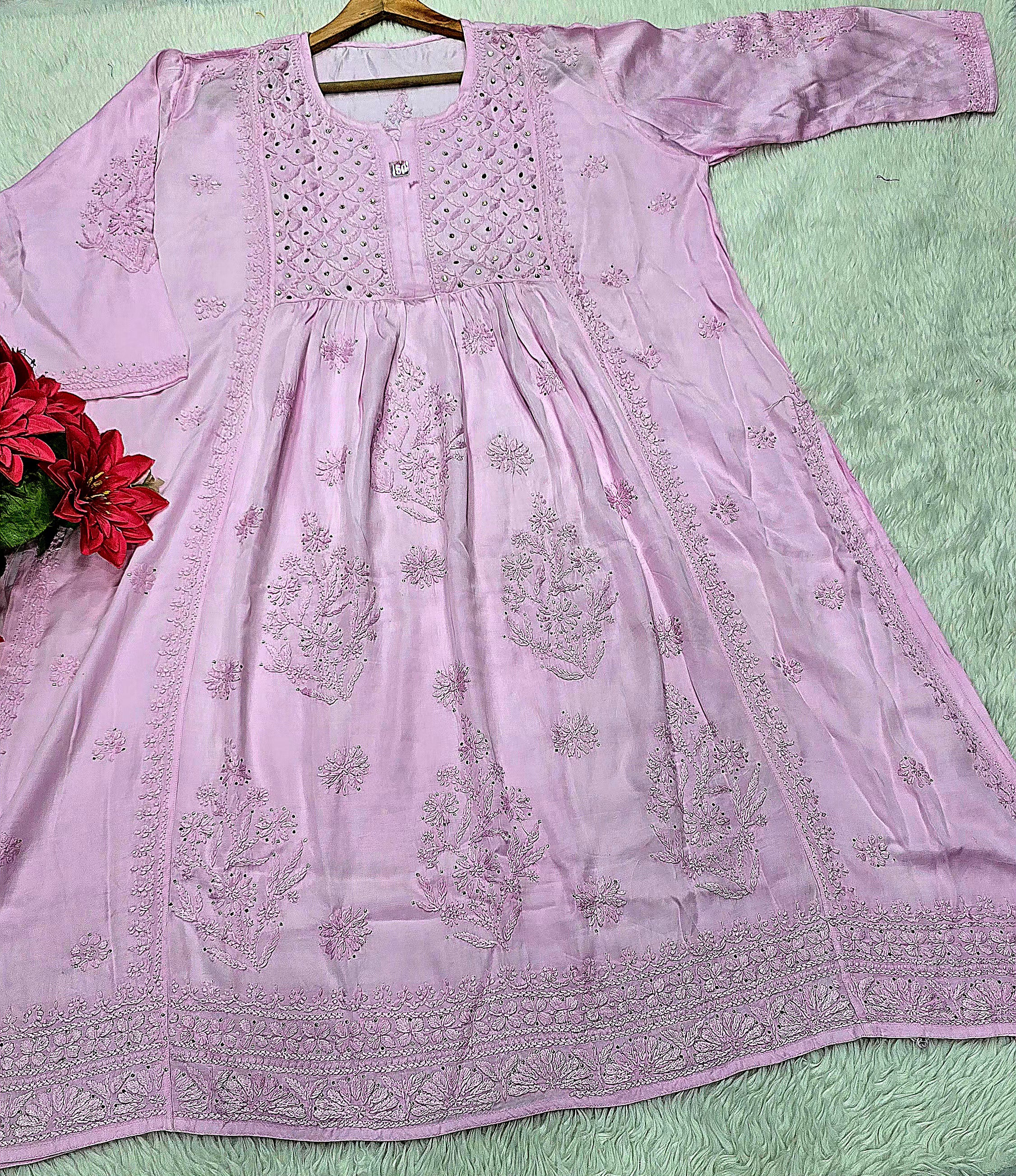 Baby Pink Handcrafted Chikankari Mukesh Work Nyra Gown Kurti for Women | Lucknowi Embroidered Flared Kurta