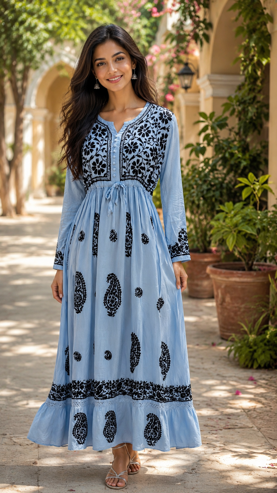 Sky Blue Hand-Embroidered Lucknowi Chikankari Rayon Gown Black Thread Work for Women