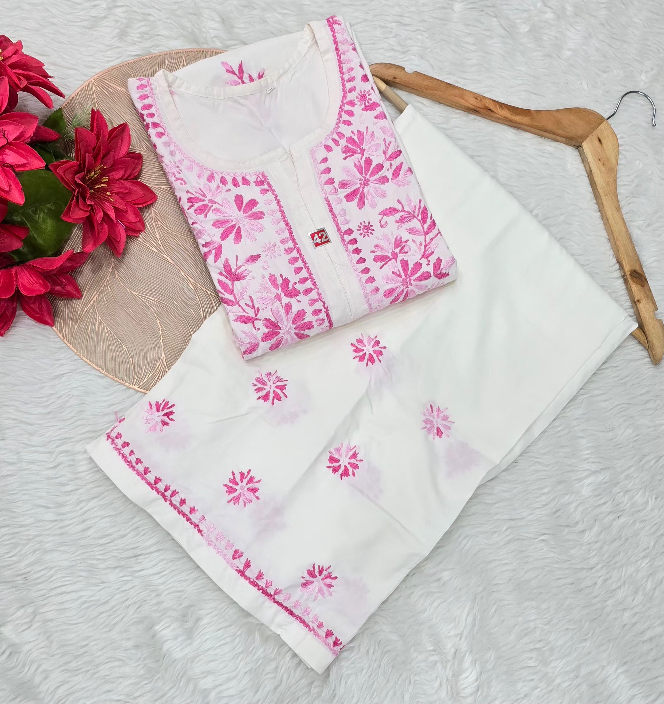 Pink Blossom Handcrafted Lucknowi Chikankari Kurta Palazzo Set for Women