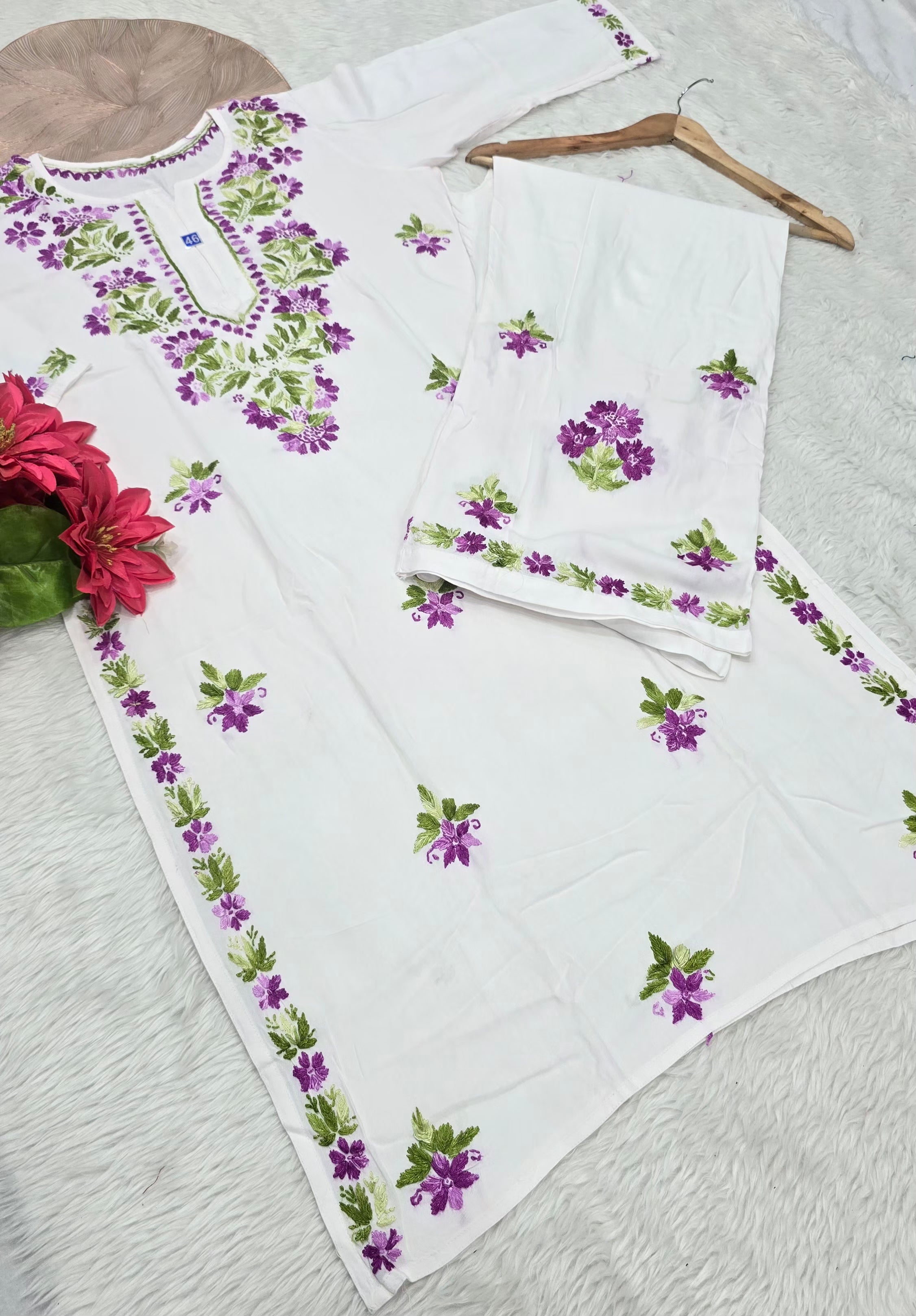 White Floral Hand Embroidered Chikankari Kurta Palazzo Set