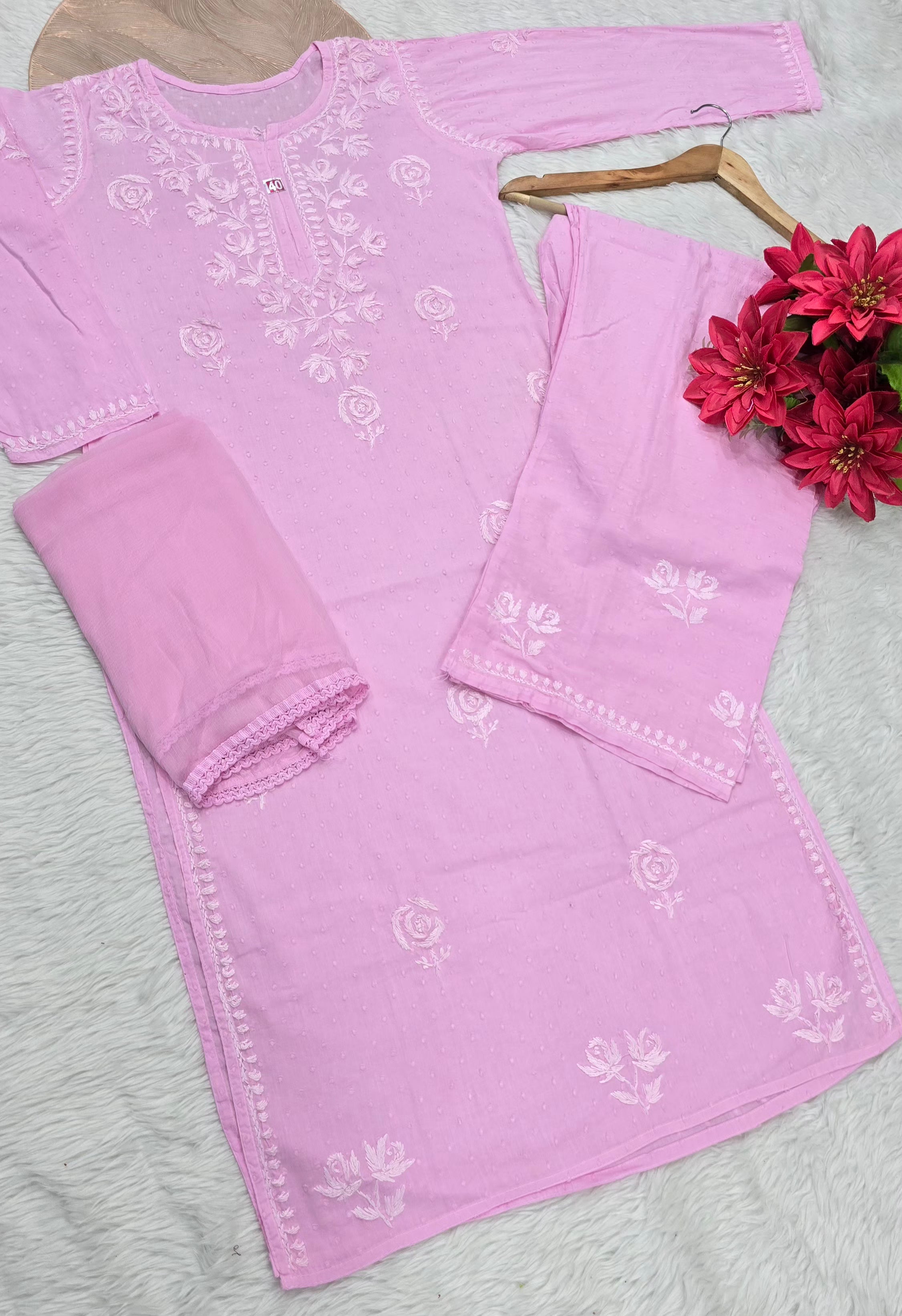 Premium Dobby Cotton Chikankari Embroidered Kurti Palazzo Set with Dupatta | Soft & Comfortable | Lucknowi Chikan Work