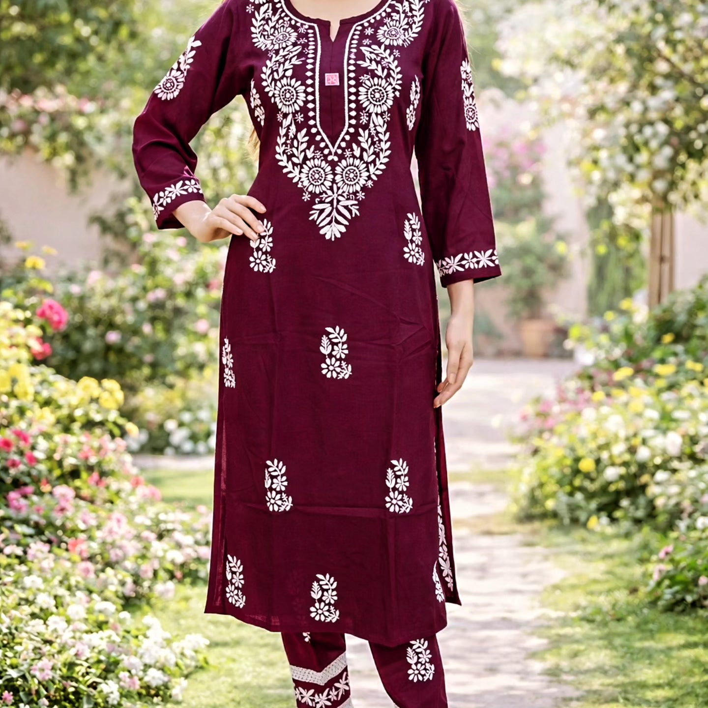 Stylish Rayon Afghani Kurti Plazo Set with Chikankari Hand Embroidery