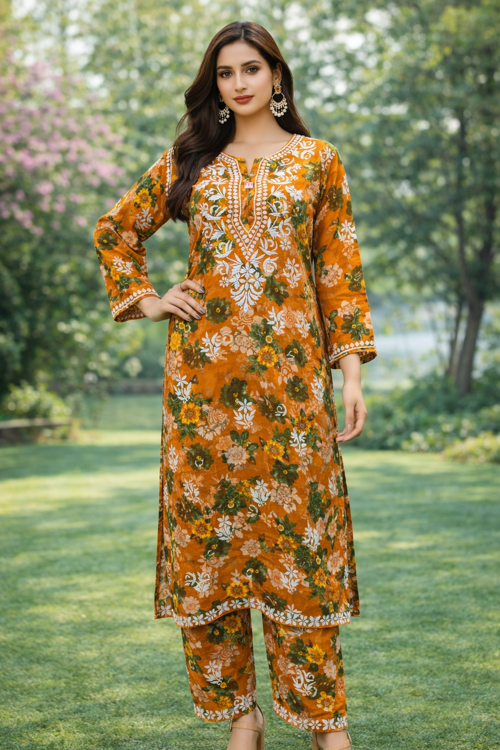 Chikankari Handwork Rayon Printed Kurti Palazzo Set for Women – Elegant Ethnic Wear