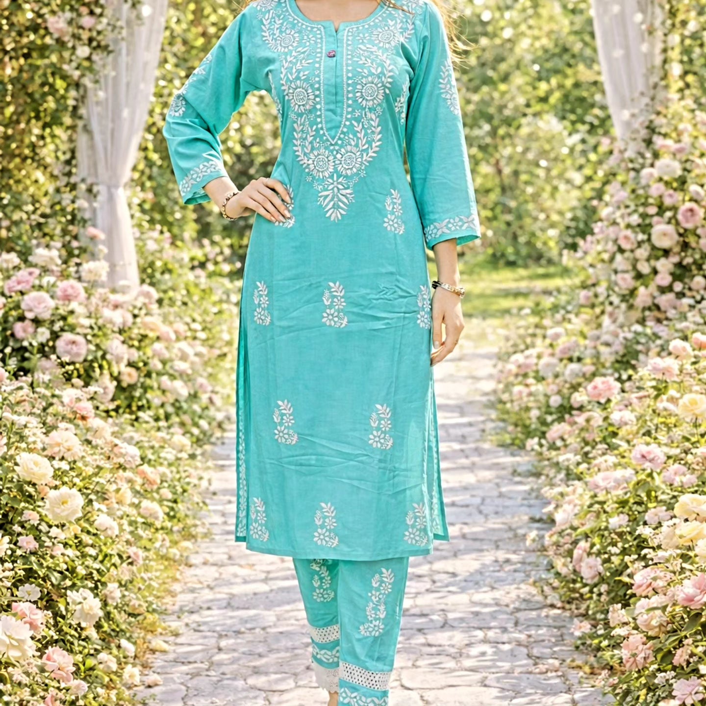 Stylish Rayon Afghani Kurti Plazo Set with Chikankari Hand Embroidery
