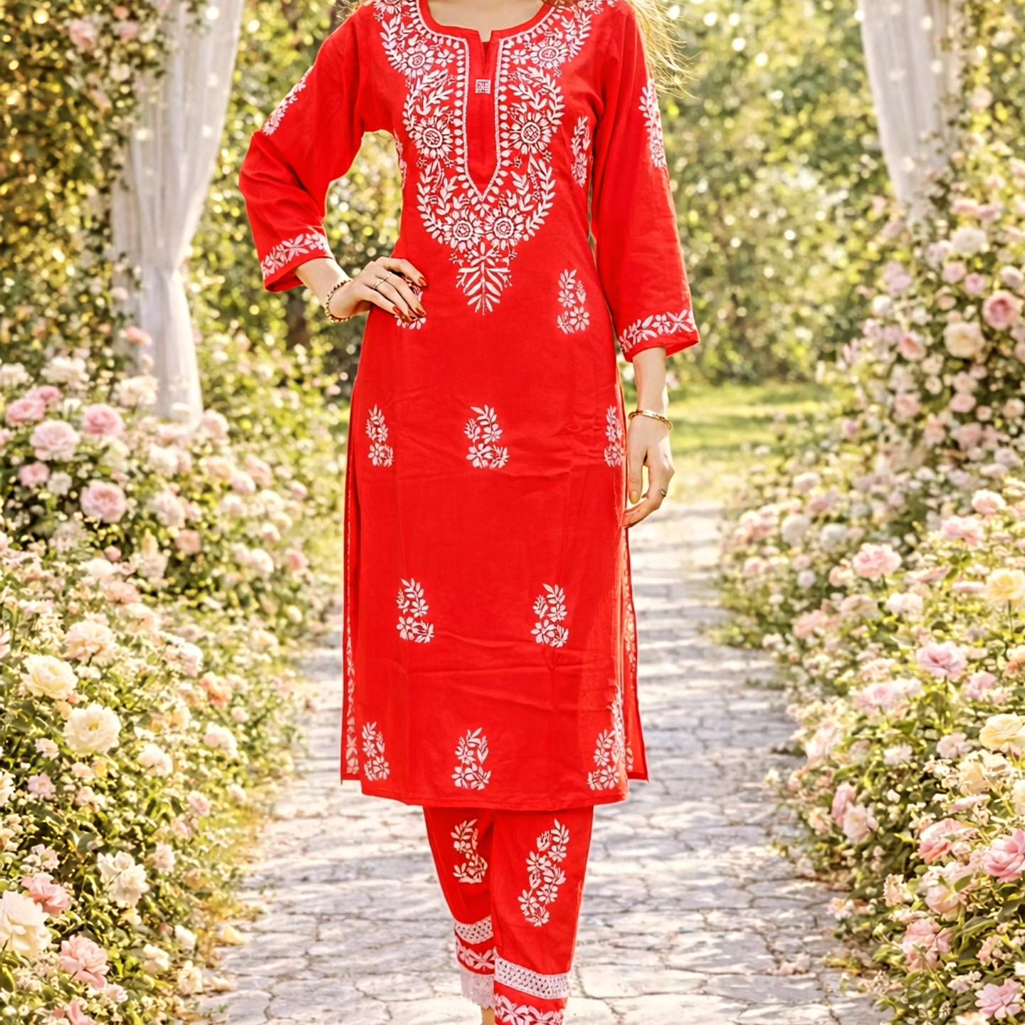 Stylish Rayon Afghani Kurti Plazo Set with Chikankari Hand Embroidery