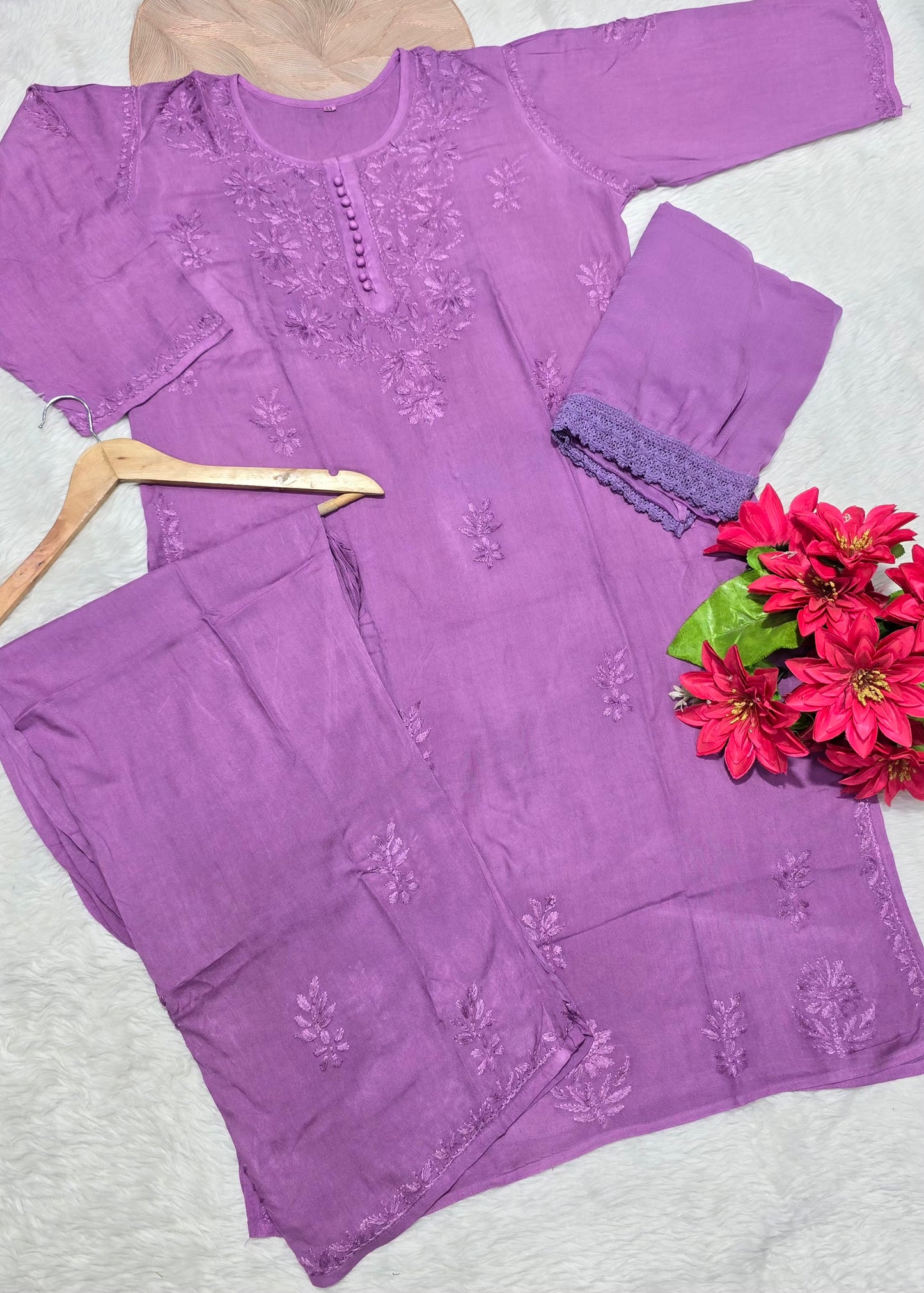 Rayon Chikankari Embroidered 3-Piece Kurta Plazo & Dupatta Set | Floral Handwork | Women's Ethnic Wear
