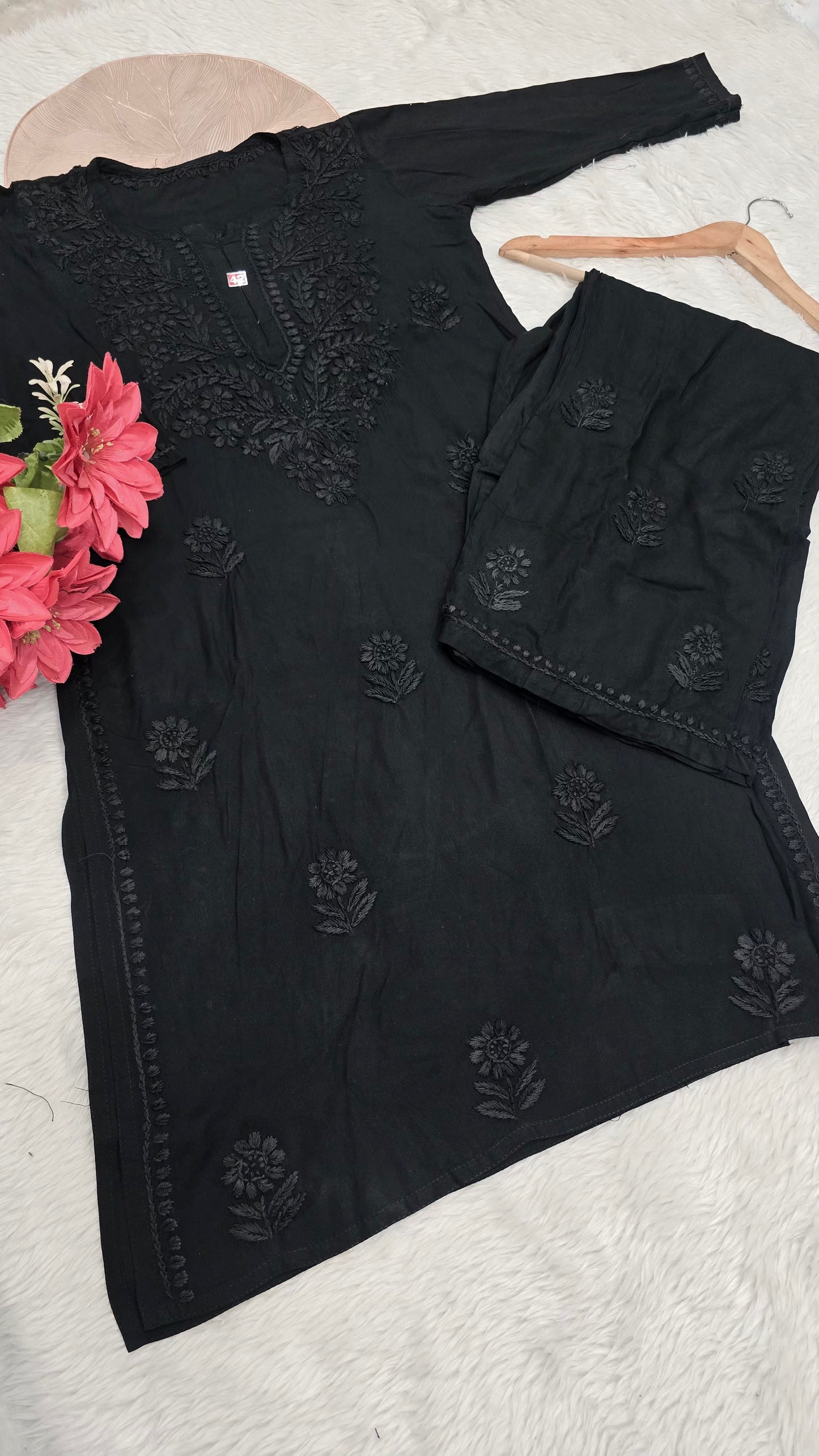 Classic Black Tone-on-Tone Chikankari Kurti Set