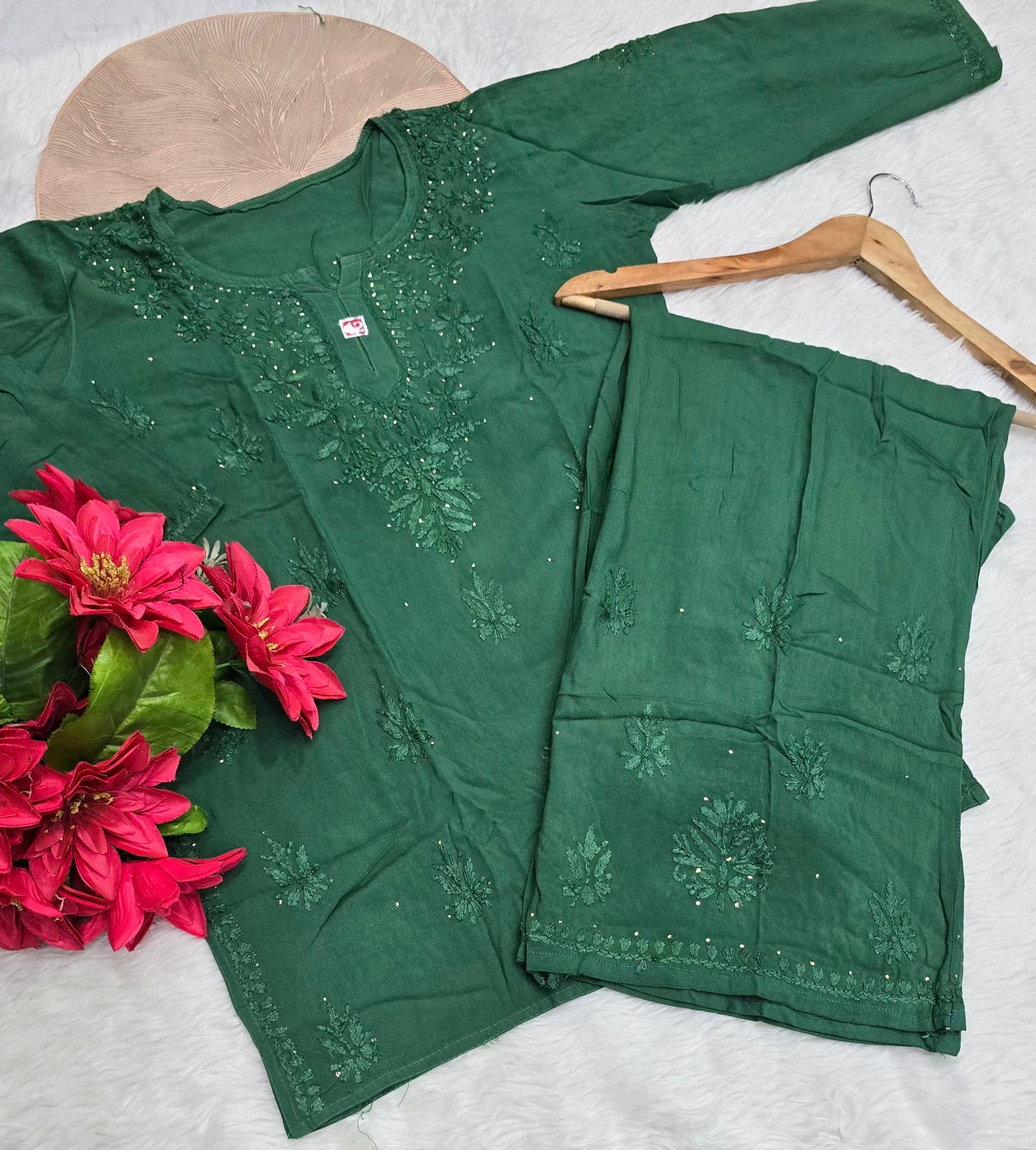 Emerald Mukesh Work Chikankari Short Kurti Palazzo Set for Women