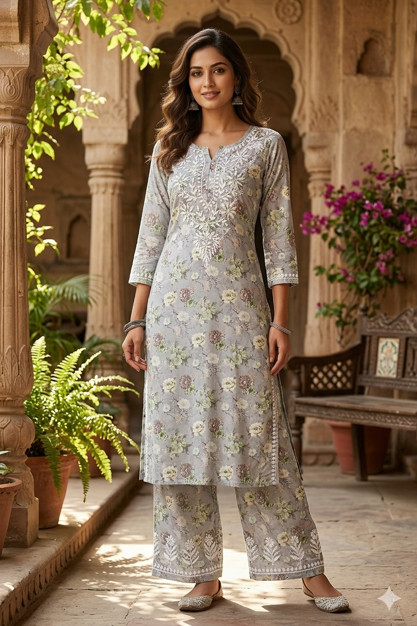Beautiful Crepe Printed Chikankari Kurti Palazzo Set – Traditional Wear