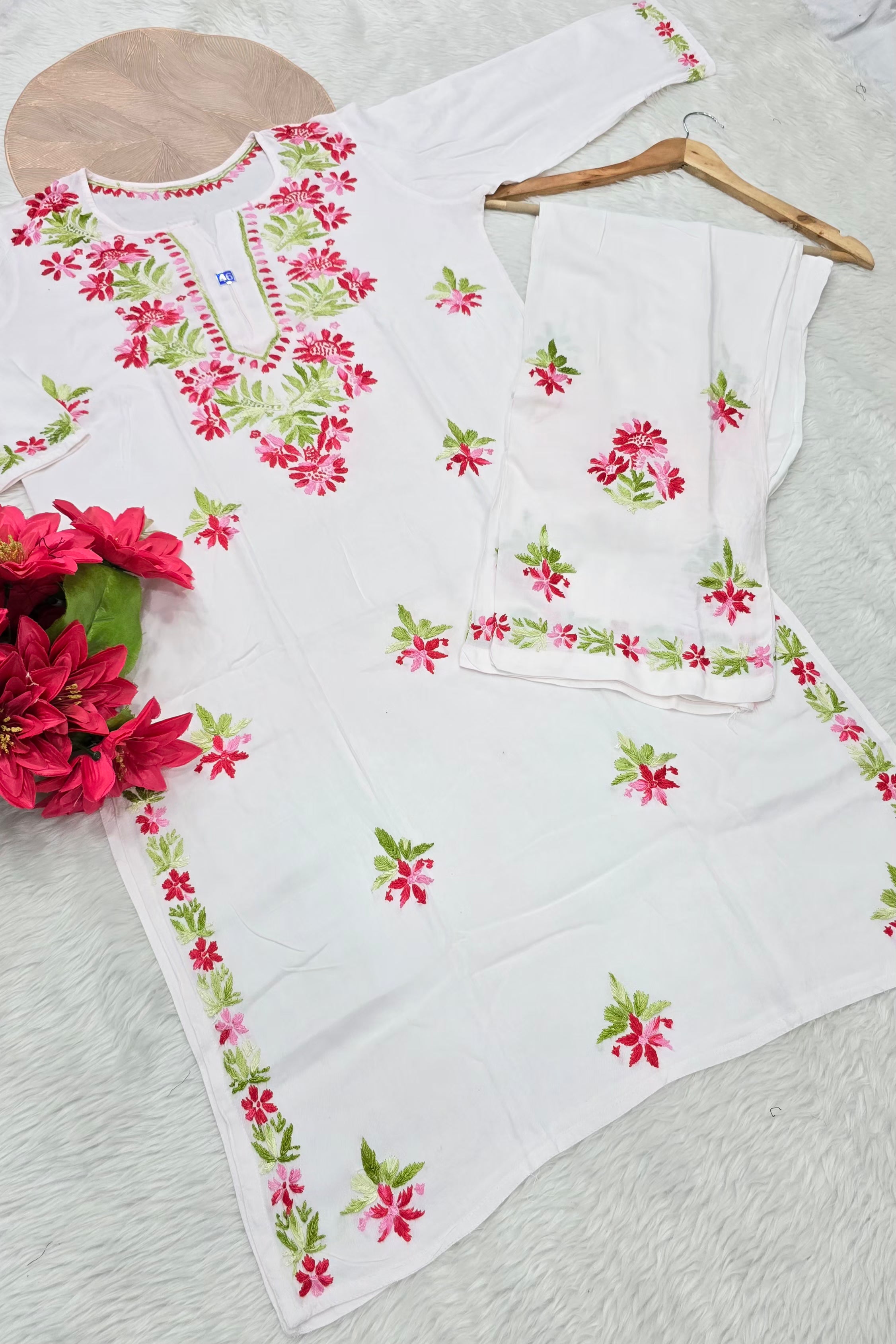White Floral Hand Embroidered Chikankari Kurta Palazzo Set