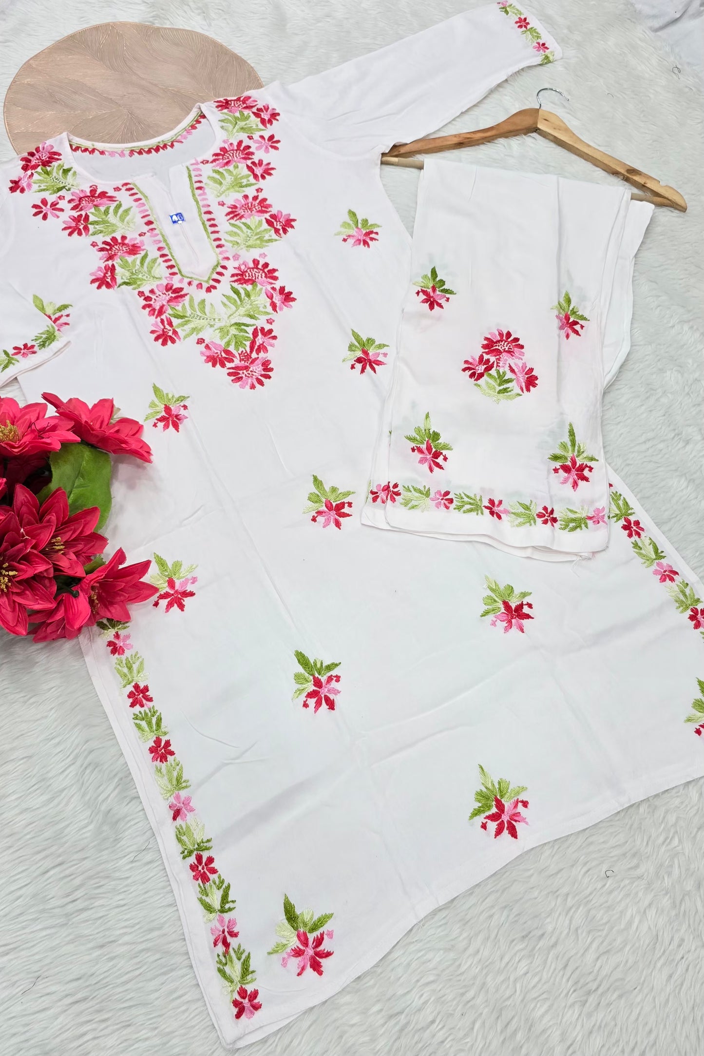 White Floral Hand Embroidered Chikankari Kurta Palazzo Set