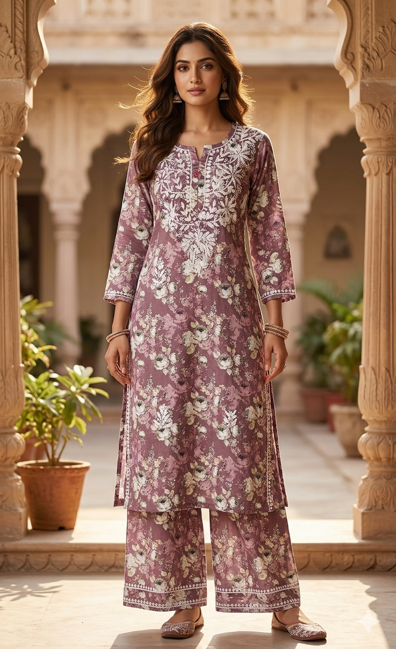 Beautiful Crepe Printed Chikankari Kurti Palazzo Set – Traditional Wear