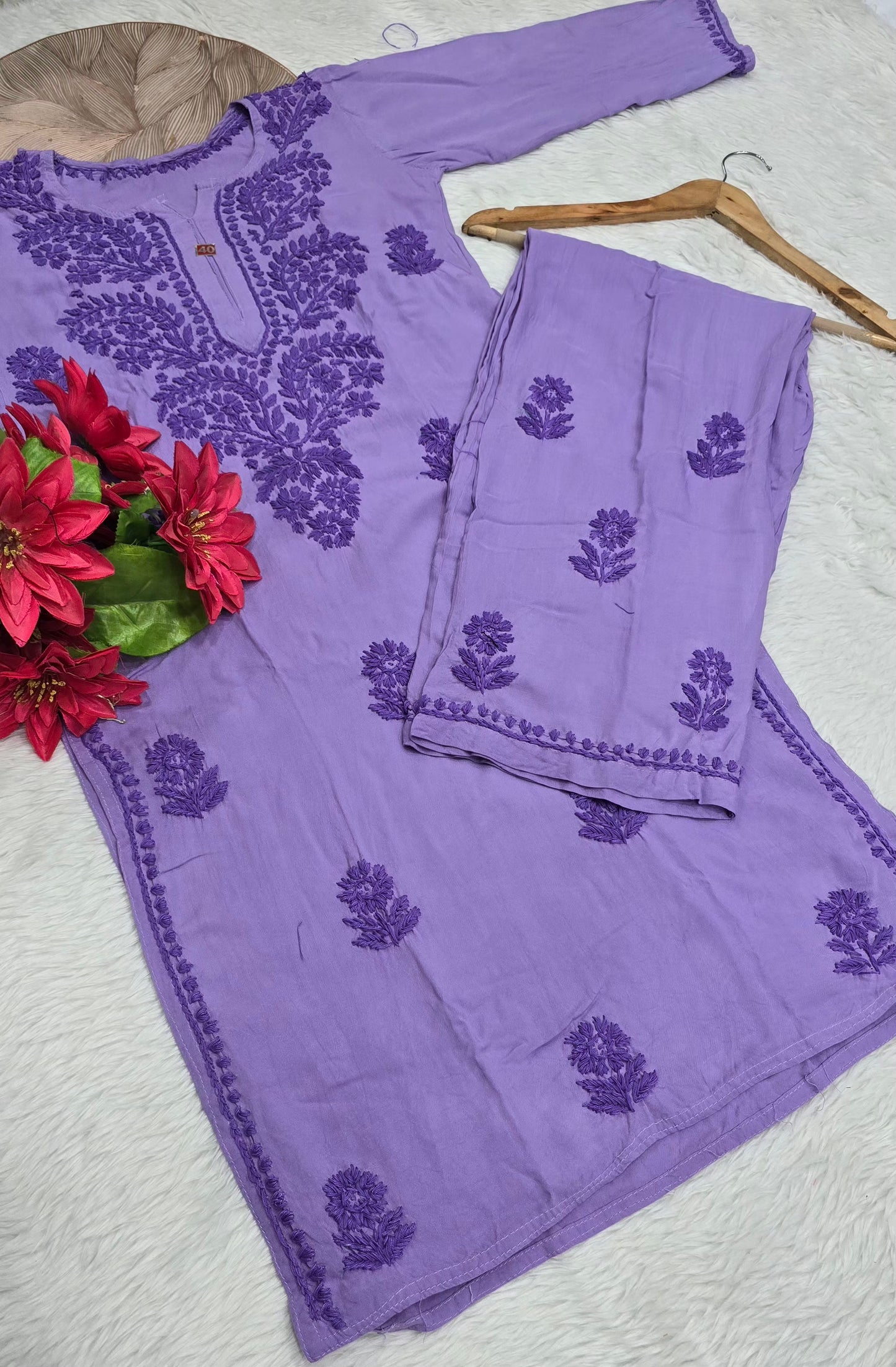 Lavender Bloom Handwork Lucknowi Chikankari Kurta Plazo Set for Women