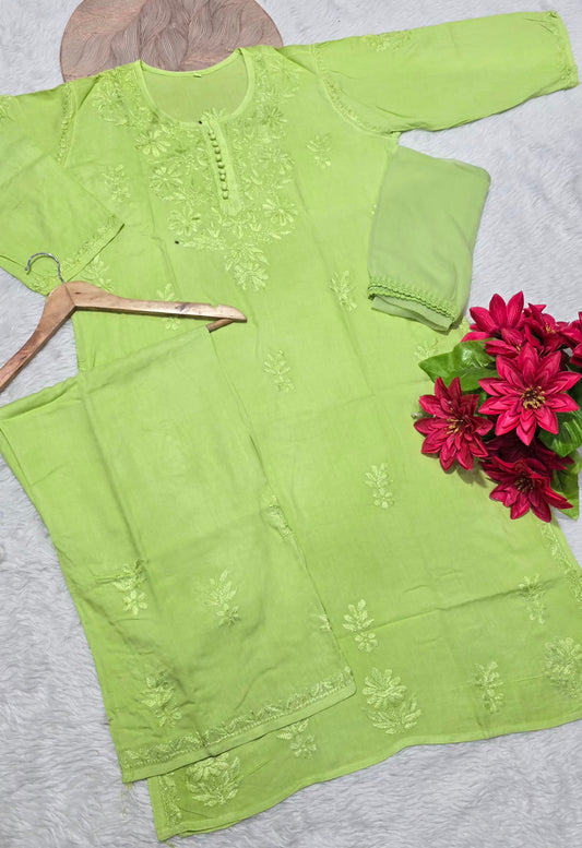 Rayon Chikankari Embroidered 3-Piece Kurta Plazo & Dupatta Set | Floral Handwork | Women's Ethnic Wear