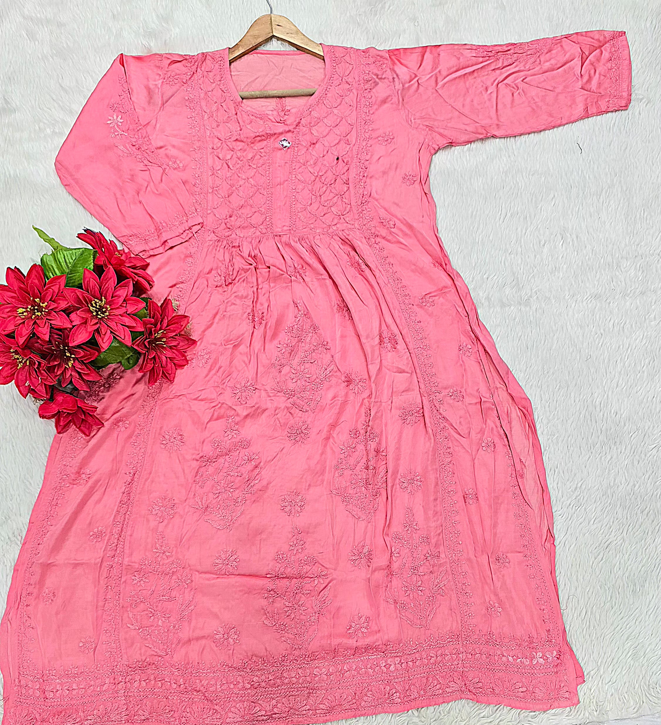 Pink Handcrafted Chikankari Nyra Gown Kurti for Women | Lucknowi Embroidered Flared Kurta