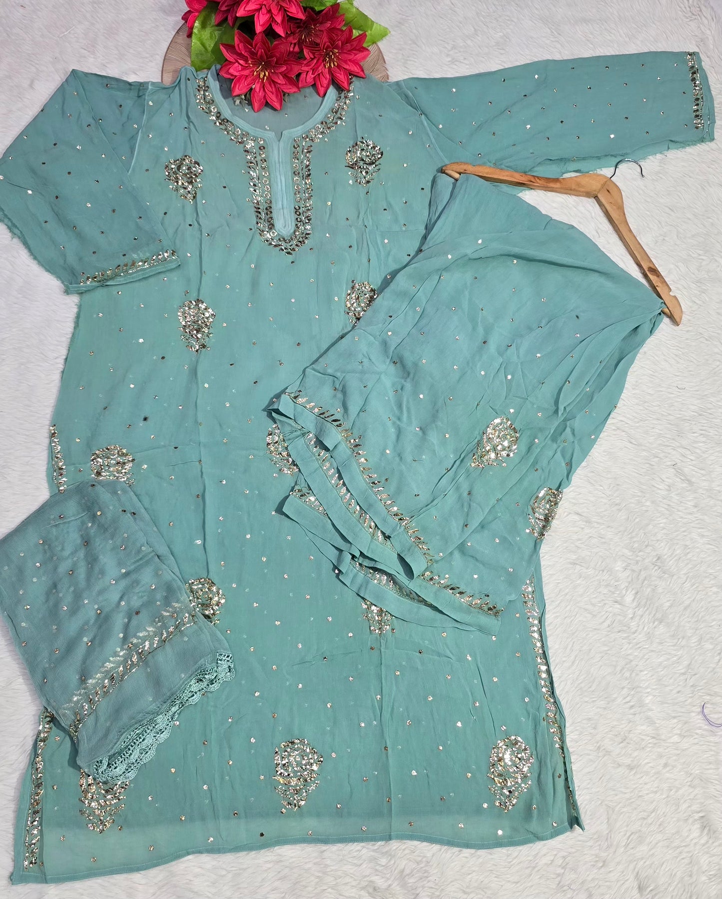 Premium Pure Chiffon Lucknowi Chikankari Kurti Palazzo Dupatta Set with Heavy Mukesh Handwork & Sequins | 3-Piece Ethnic Suit Set for Women