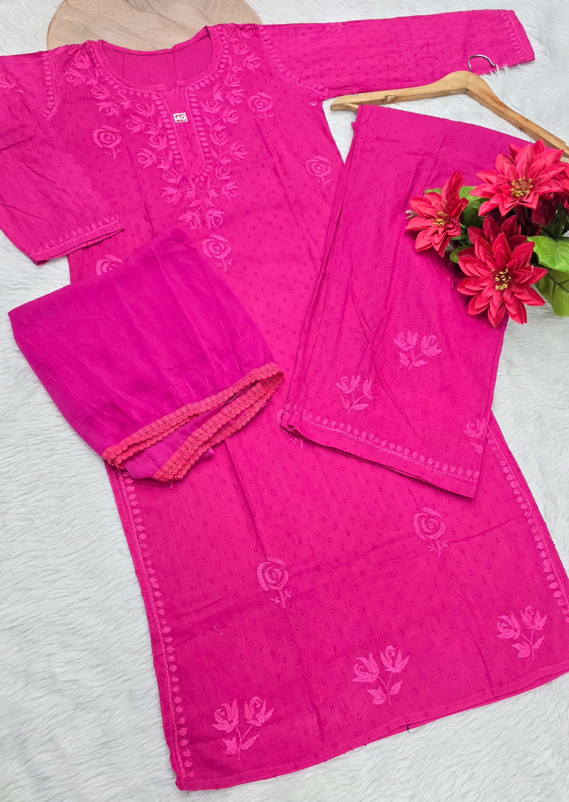 Premium Dobby Cotton Chikankari Embroidered Kurti Palazzo Set with Dupatta | Soft & Comfortable | Lucknowi Chikan Work
