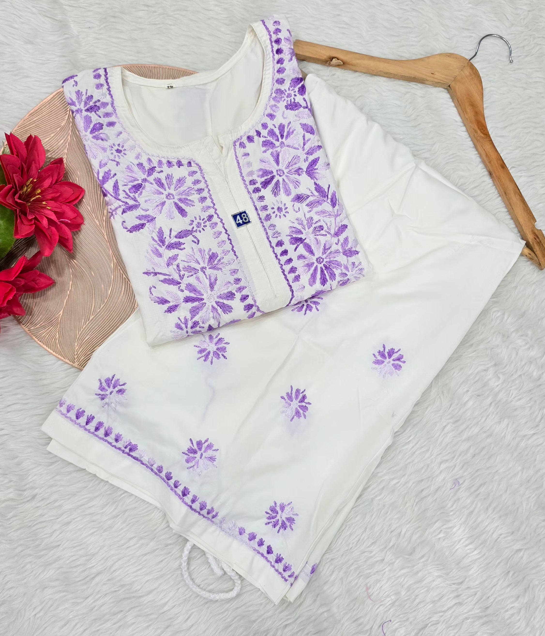 Women's White & Lavender Lucknowi Chikankari Kurta Palazzo Set | Handcrafted Embroidery | Aashi Chikan