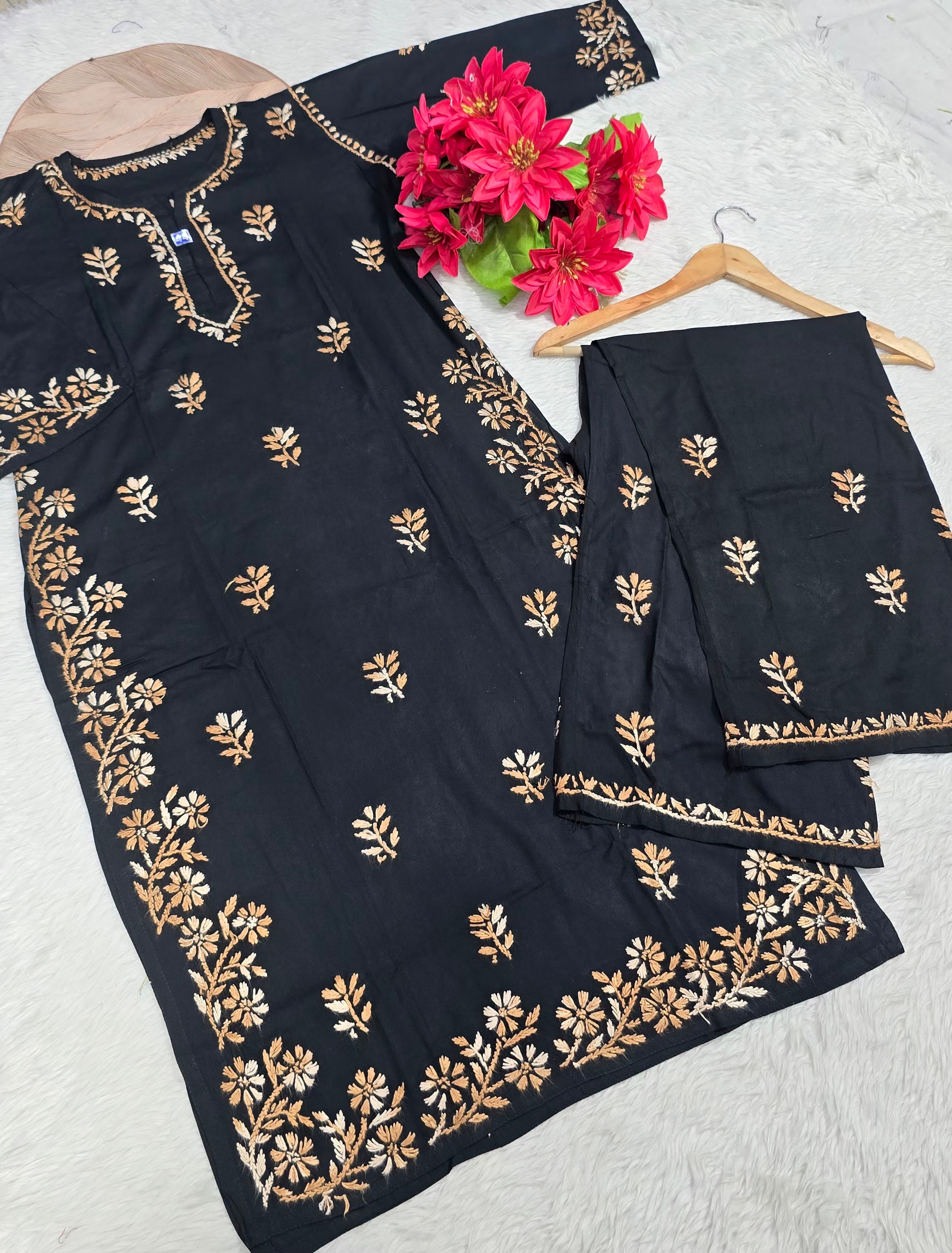 Black Rayon Cotton Lucknowi Chikankari Kurta Palazzo Set with Floral Shaded Thread Embroidery