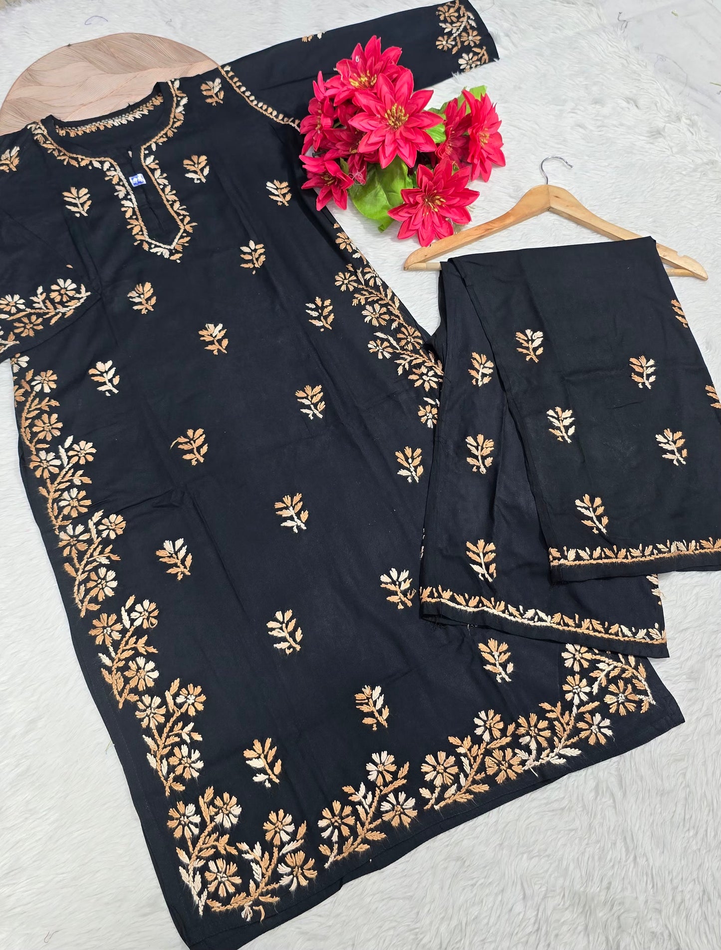 Black Rayon Cotton Lucknowi Chikankari Kurta Palazzo Set with Floral Shaded Thread Embroidery