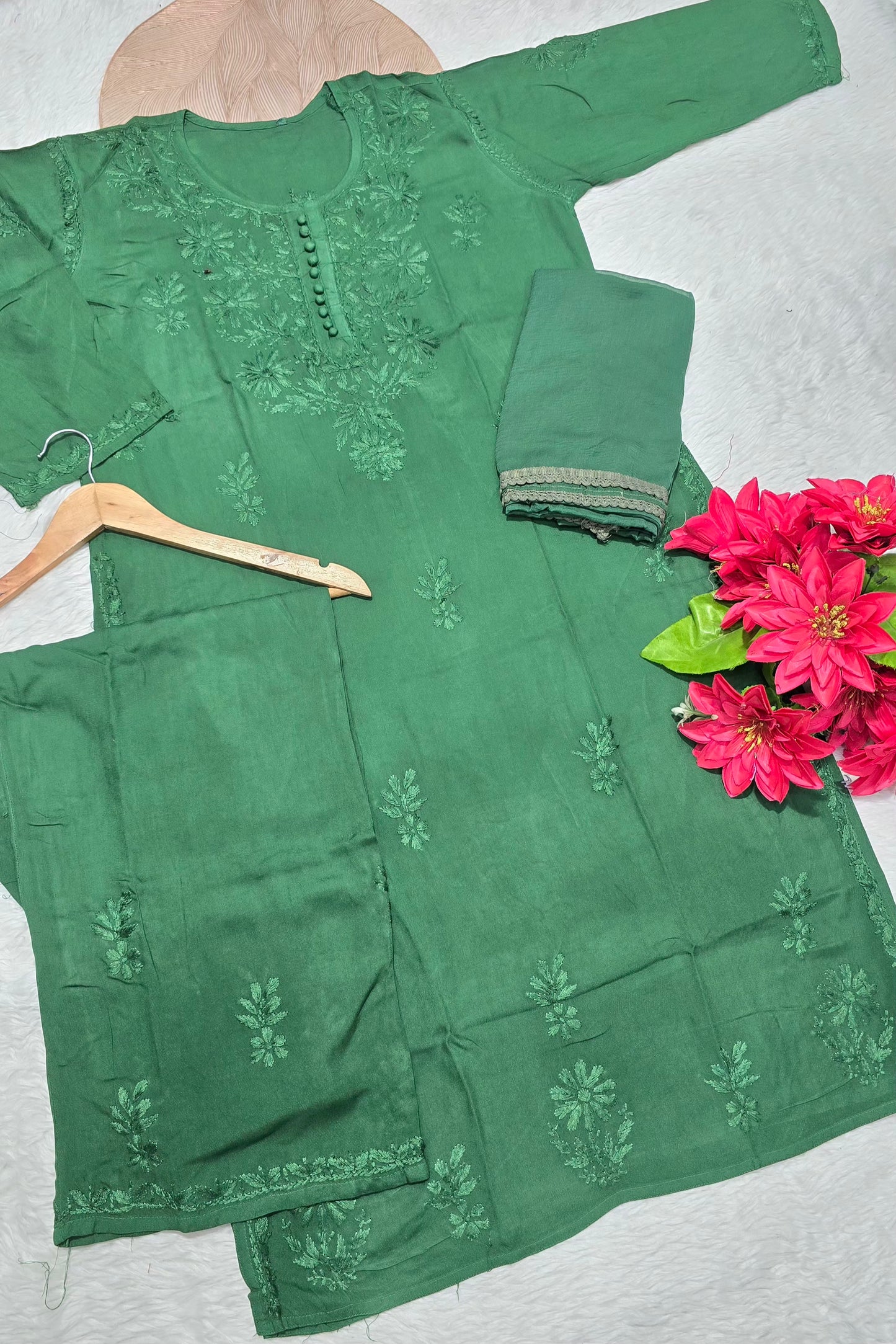 Rayon Chikankari Embroidered 3-Piece Kurta Plazo & Dupatta Set | Floral Handwork | Women's Ethnic Wear