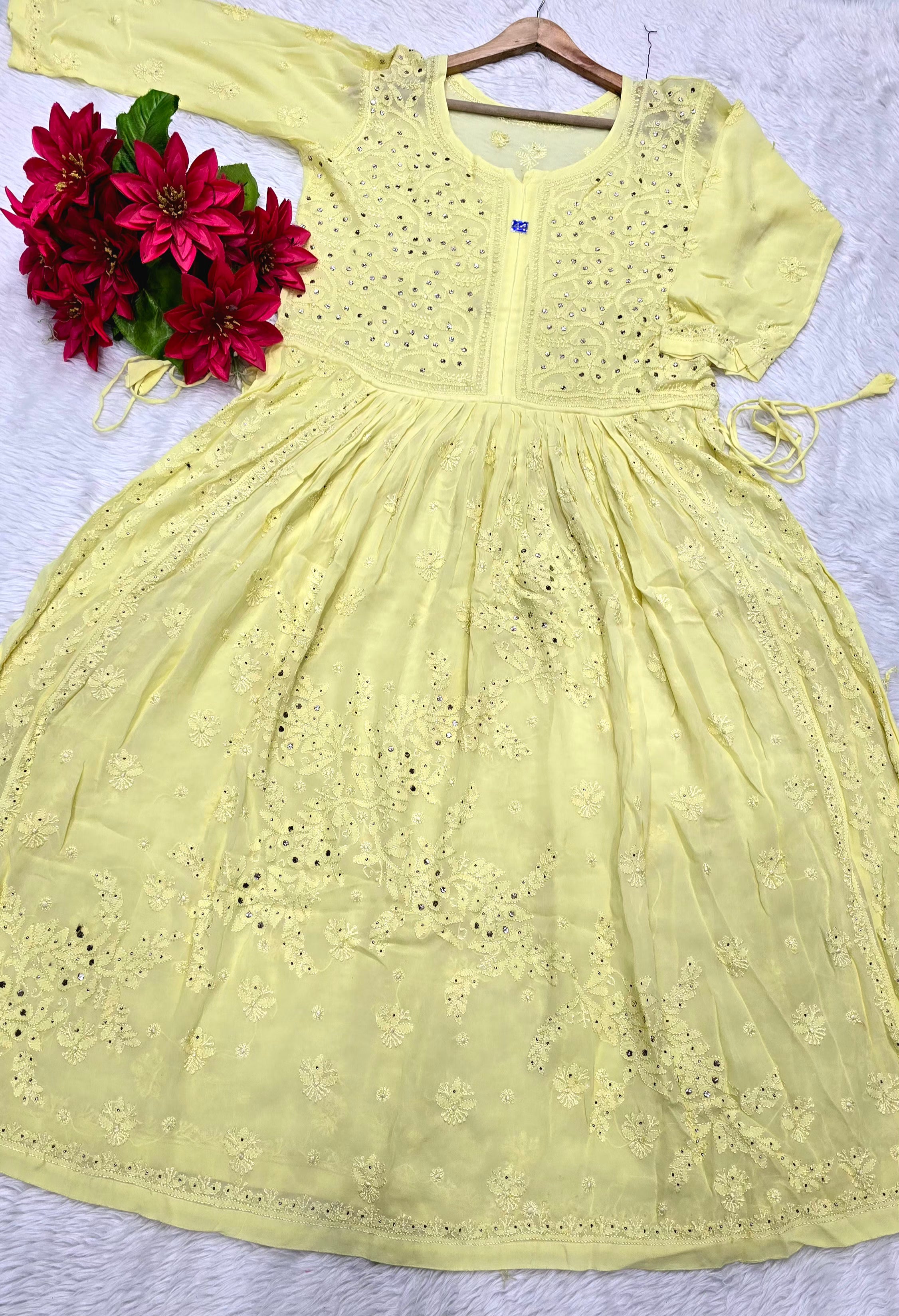 Handcrafted Mukesh Work Chikankari Viscose Nyra Gown for Women | Elegant Lucknowi Embroidered Flared Dress