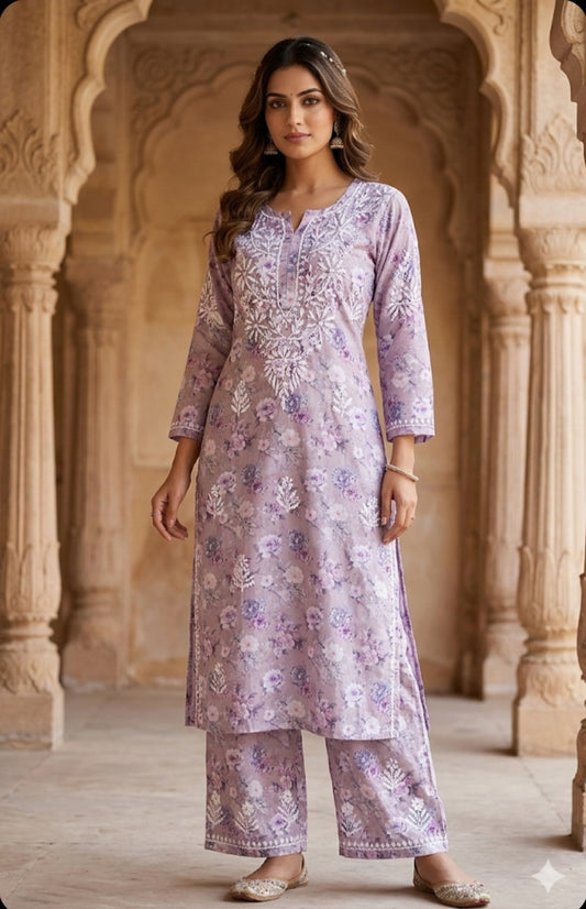 Beautiful Crepe Printed Chikankari Kurti Palazzo Set – Traditional Wear